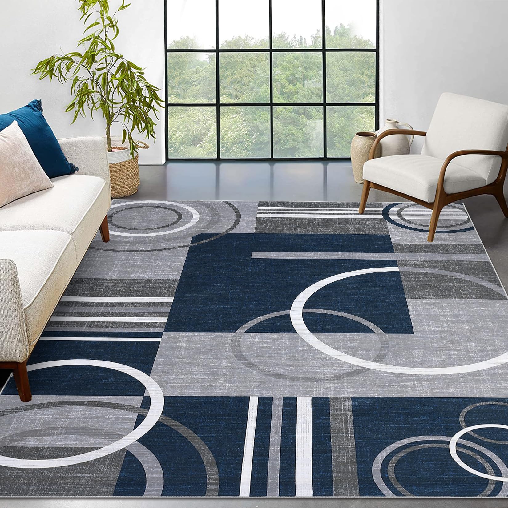 RUGSREAL 10x13 Rugs for Living Room Washable Rug Abstract Circles Rug Contemporary Modern Area Rugs Stain Resistant Low Pile Throw Carpet for Bedroom