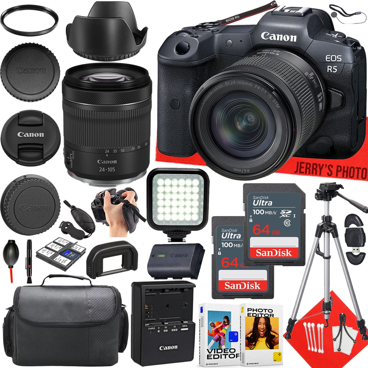 Canon EOS R5 Mirrorless Camera with Canon RF 24-105mm f/4-7.1 is STM Lens + 2pc 64 GB Memory + LED Light + Camera Case + Hood + Tripod + More (27pc Bundle) (Renewed)