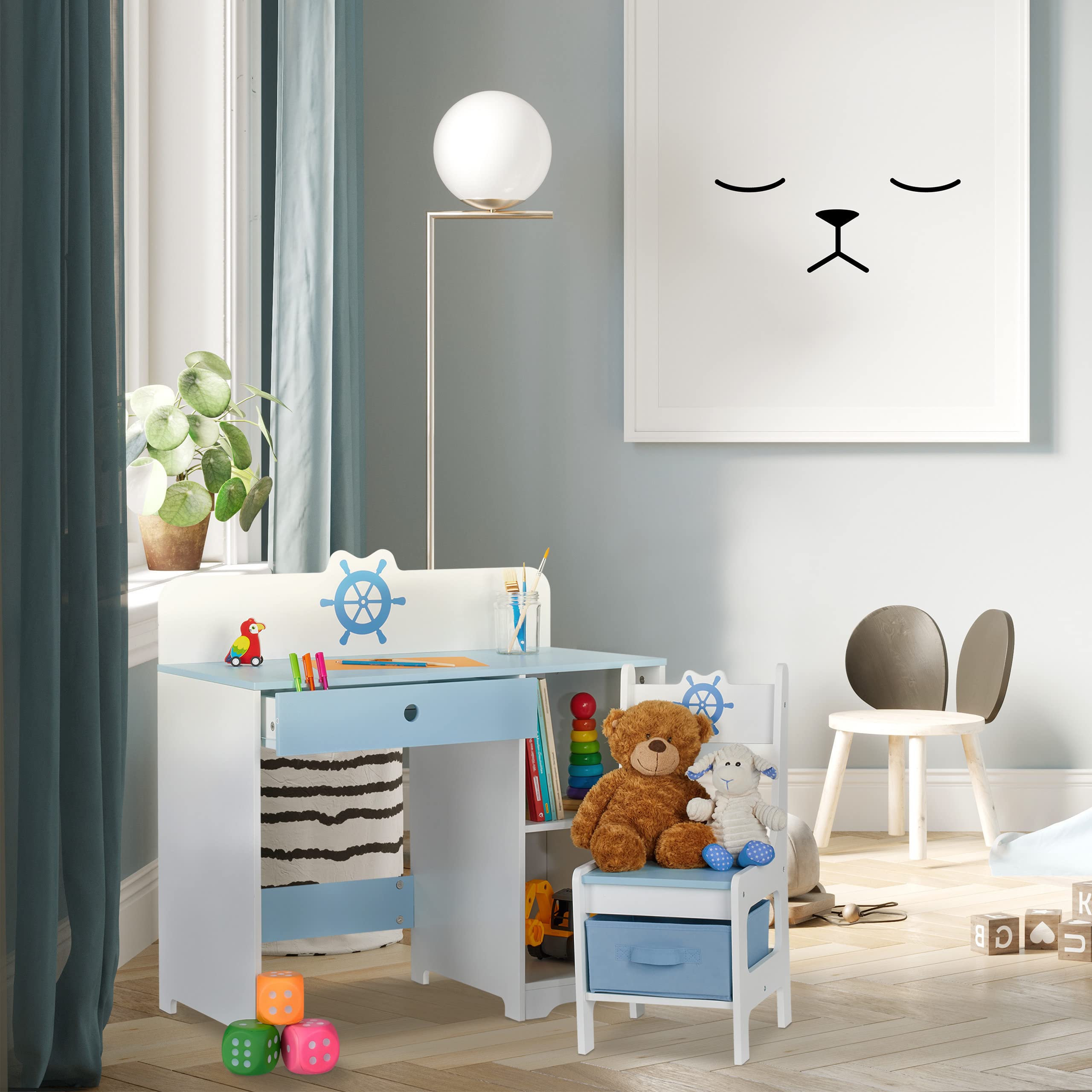 Relaxdays Scrivania e Sedia per Bambini, con Cassetto e 2 Ripiani Aperti, in MDF, Motivo Timone della Nave, Bianco Blu