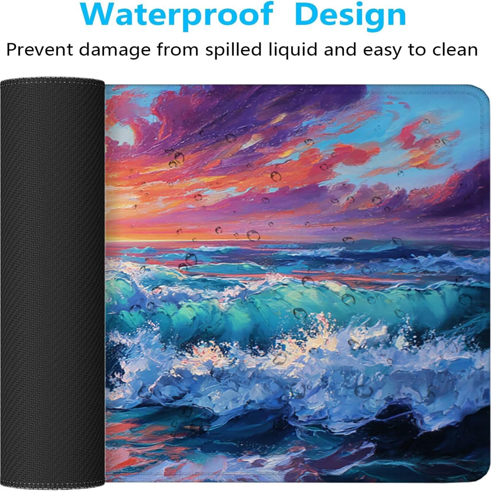 Azul Alfombrilla Ratón XXL 1500x800x3 mm Grande Alfombrilla Ratón Gaming Olas del Mar Art con Bordes Cosidos Diseño, Base de Goma Antideslizante Mouse Pad para PC Gaming Protector Escritorio z-5674