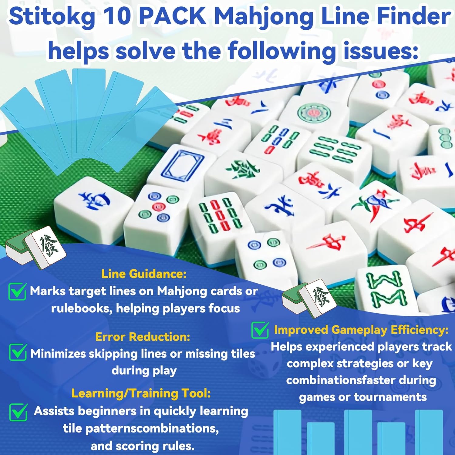 Mahjong Line Finder Guides for Mahjong Cards (10-Pack) – Accurate Card Reading Assistance, Helps Track Lines, Reduce Mistakes & Improve Gameplay Efficiency, Portable Mahjong Accessories (Blue)