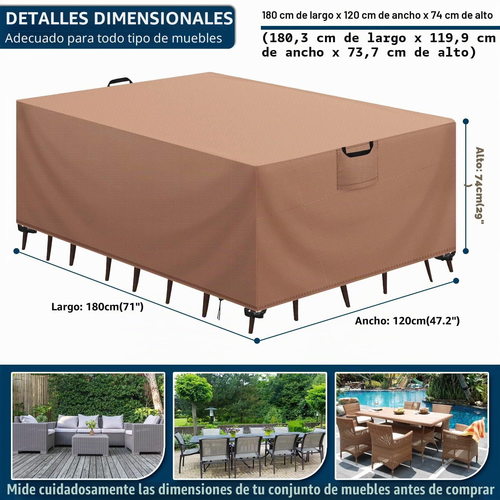 Funda Mesa Exterior Impermeable, Funda para Muebles de Jardín, Cubierta para Muebles de Jardin Tela Oxford 420D Anti Viento Anti UV Funda Protectora Mesa Exterior, Caqui,180x120x74cm