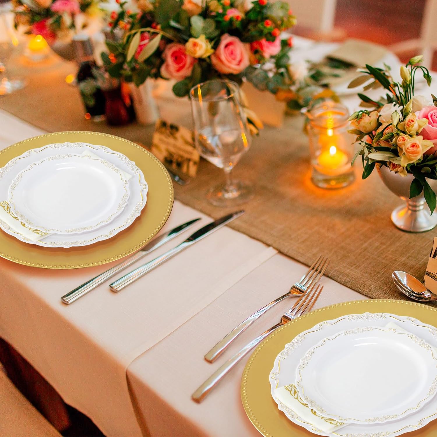 Jinei 36 Pack Gold Charger Plates 13 Inch Plastic Beaded Round Charger Plates Wedding Table Decoration Reusable Dinner Plate Tray for Birthday Party Holiday Event