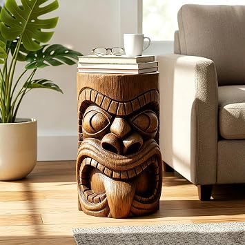 19.6" H Tiki Totem Statues - Outdoor Side Table,The Grande Tiki God Kanaloa Teeth,Fibre Reinforced Concrete, Outdoor Decoration for Garden, Porch, Patio, Balcony or Living Room Decor