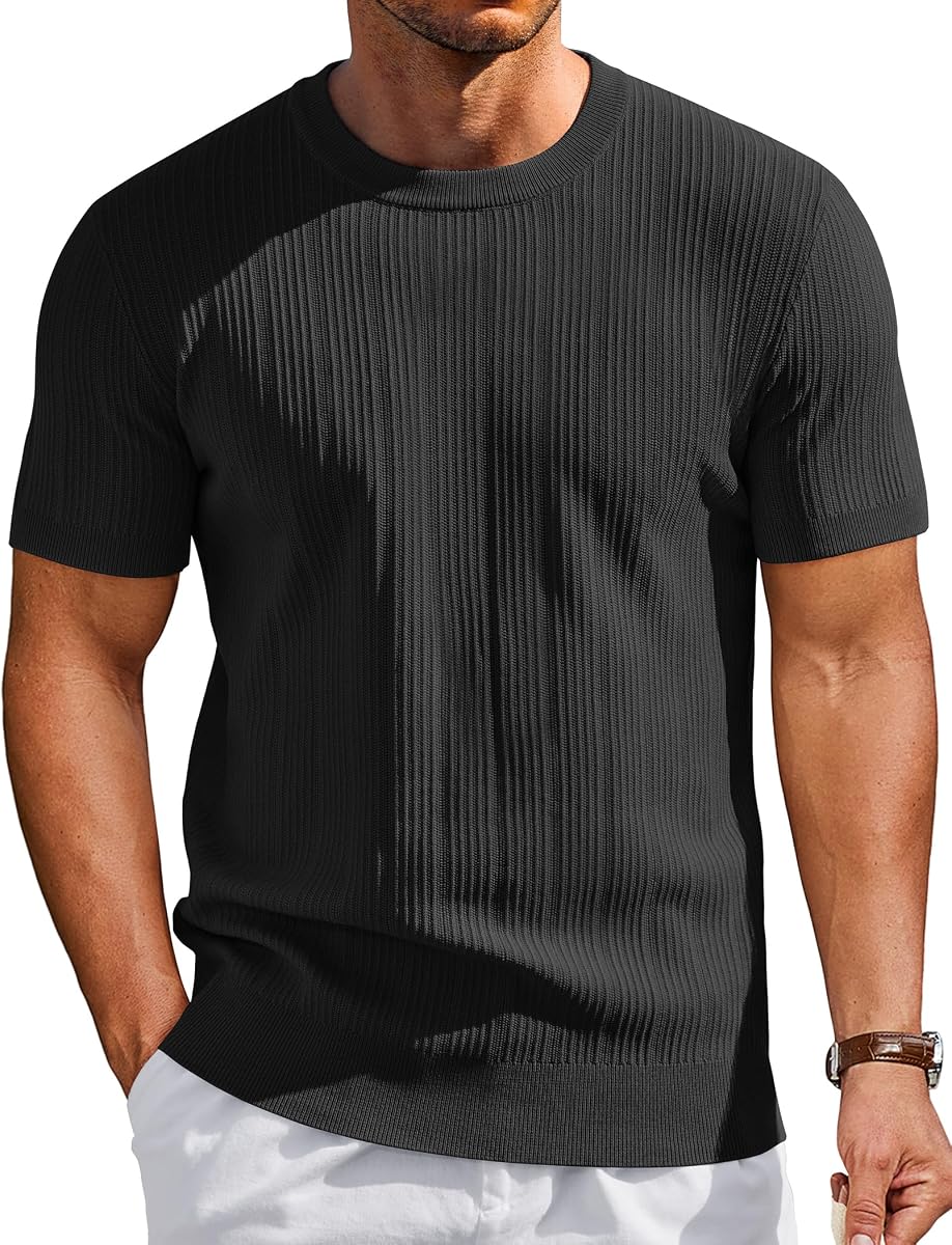 COOFANDY Camisetas de manga corta de punto para hombre, estilo casual, cuello redondo, acanalado