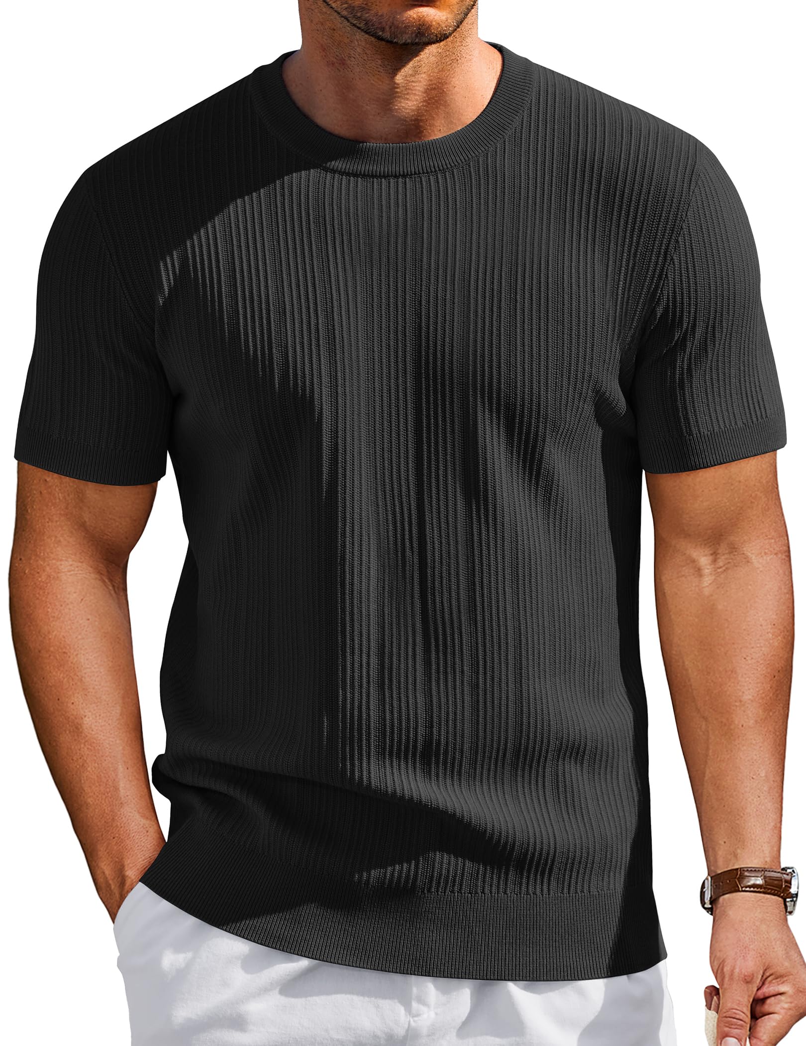 COOFANDY Mens T-Shirts Short Sleeve Knit Shirts Casual Crewneck Ribbed Dress Tee Shirt