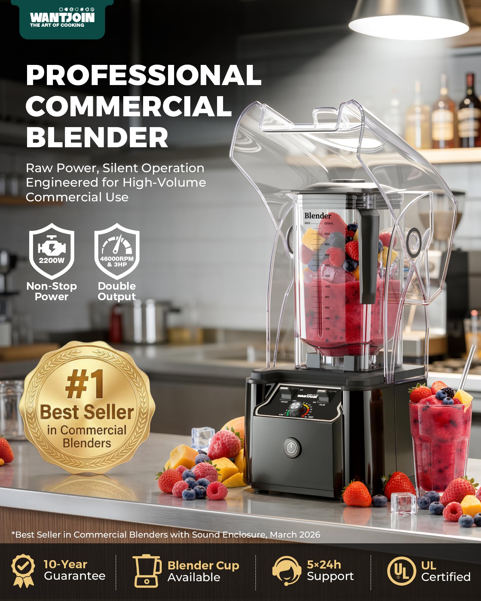 WantJoin blender professionnel commercial avec capot d'insonorisation – Puissance industrielle de 2200 W, silencieux et autonettoyant (Noir profond)