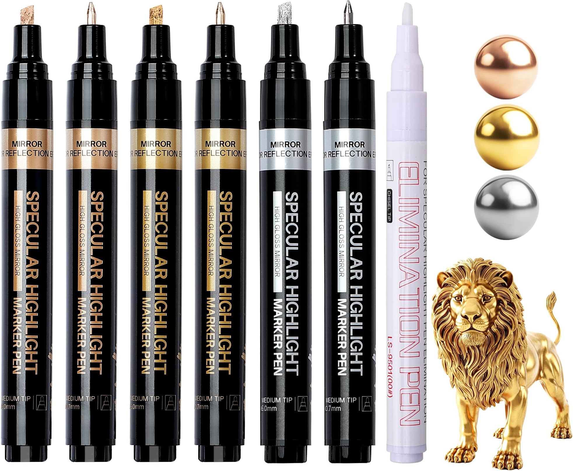 Resiners Chrome Paint Pen, 6 PCS Liquid Paint Markers, Gold, Silver & Copper Permanent Mirror Metal Markers, Reflective Restoration for Car Hub Model Jewelry, DIY Craft in Plastic Metal Resin Glass
