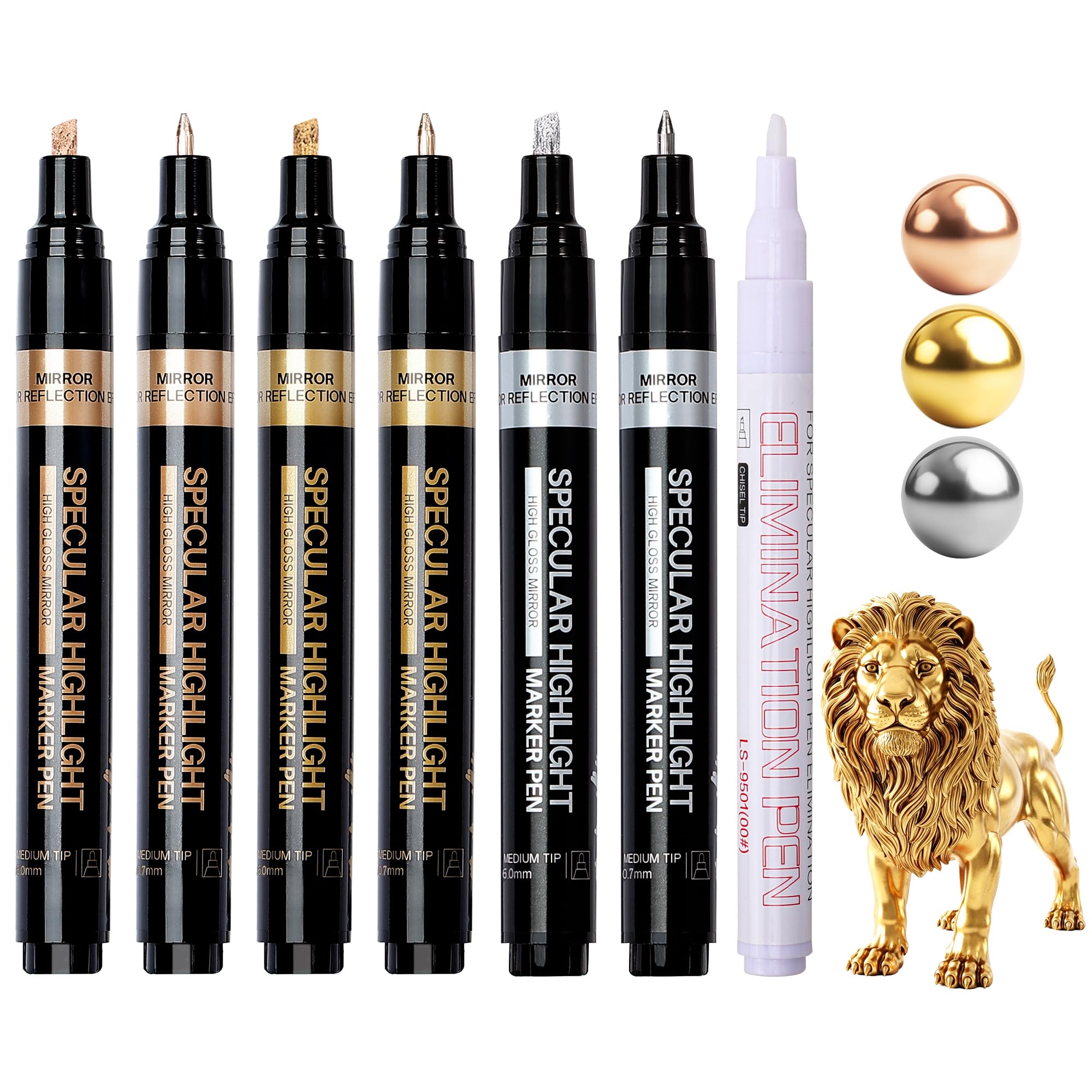 Resiners 6 PCS Liquid Paint Markers, Gold, Silver & Copper Permanent Mirror Metal Markers, Reflective Restoration for Car Hub Model Jewelry, DIY Craft in Plastic Metal Resin Glass