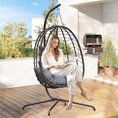 Miniatura 2 de LEX CRAFT Silla colgante de huevo con soporte, silla de huevo oscilante para exteriores e interiores, silla colgante con cojín, silla hamaca de