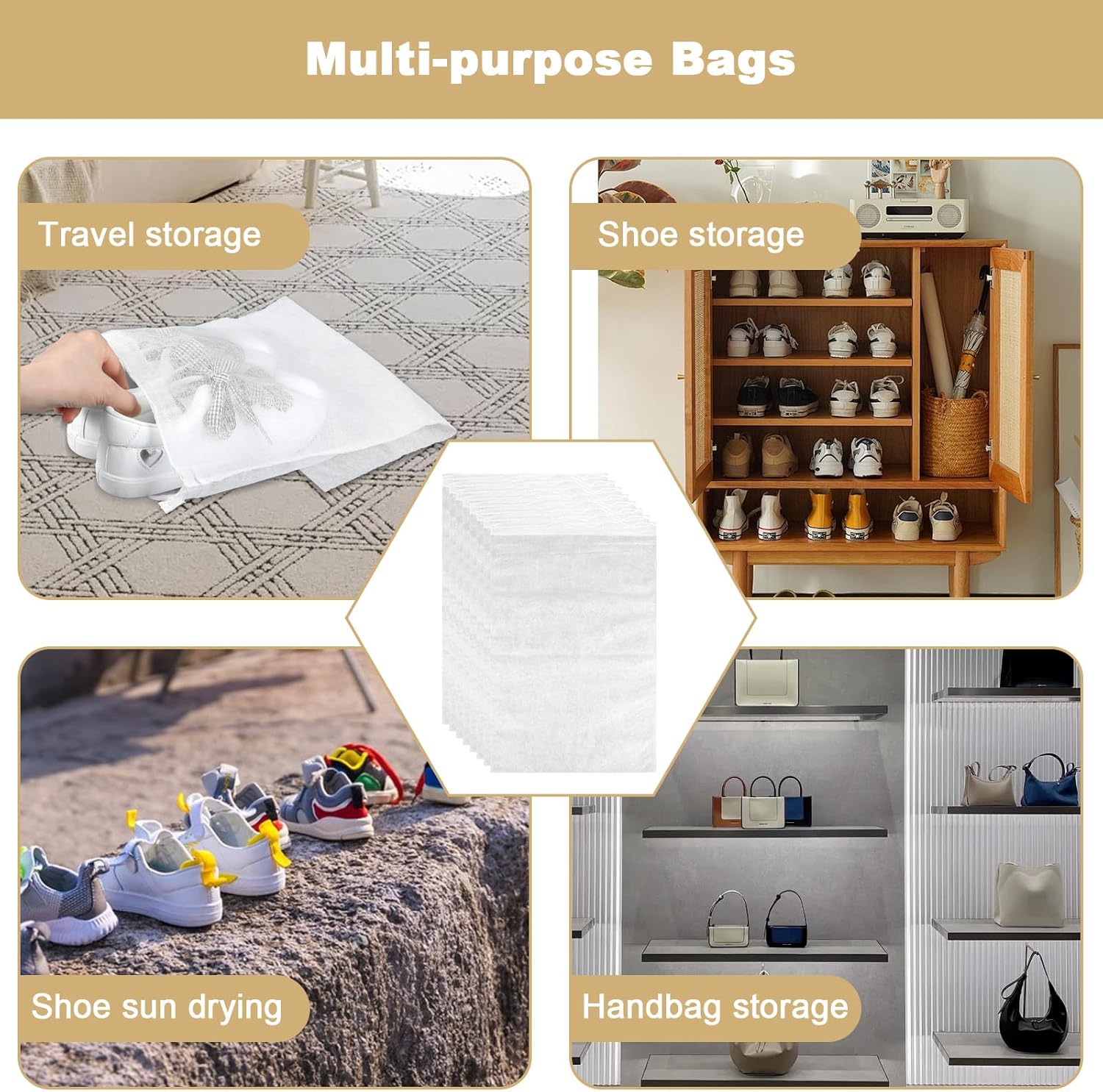 200 Pcs White Non-Woven Shoe Storage Bags – Dustproof Drawstring Travel Shoe Covers (12.5” x 18.5”) – Breathable & Portable Organizers for Shoes, Boots, Purses - Image 5
