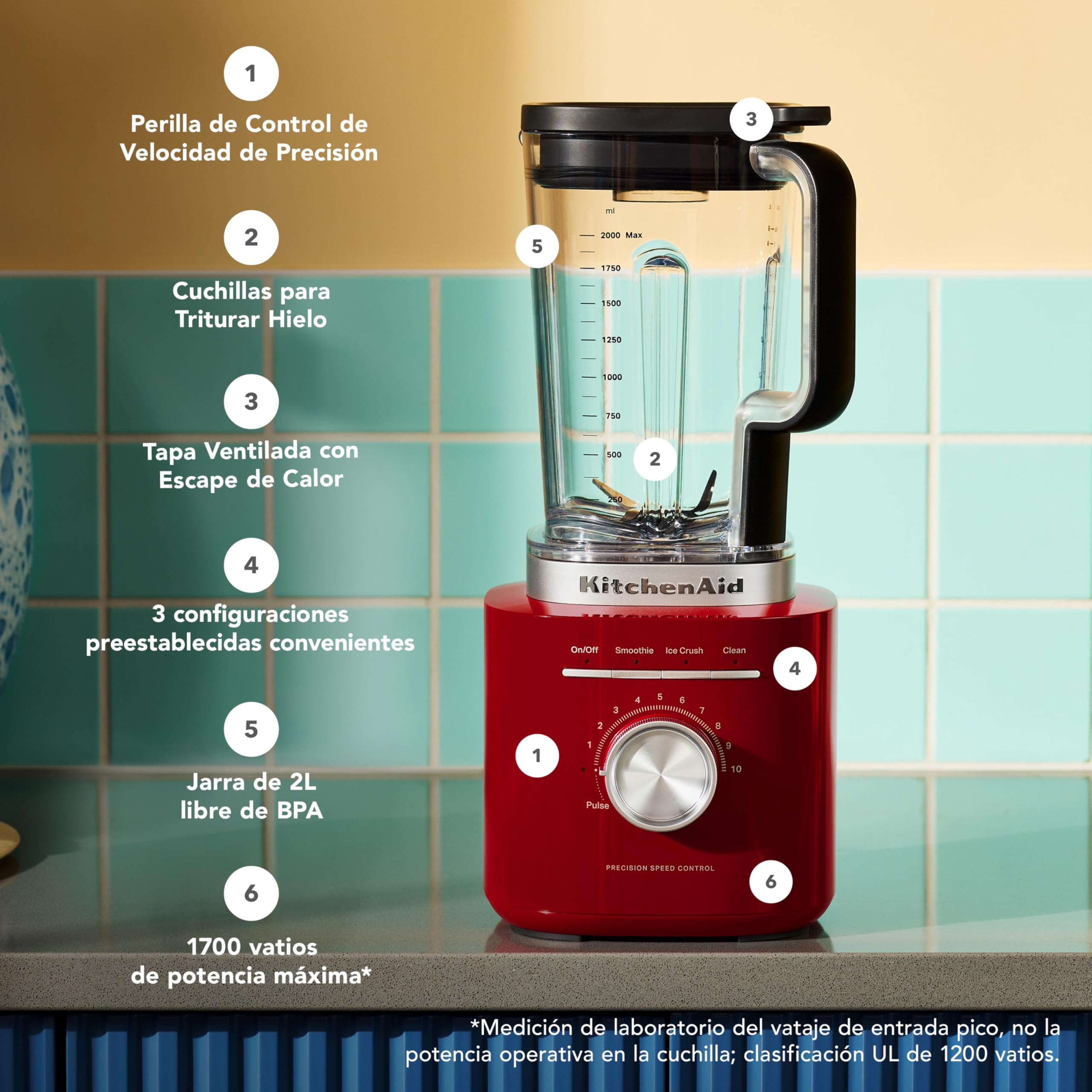 KitchenAid Batidora Pure Power, Jarra 2L Sin BPA, 10 Velocidades, Hielo y Smoothie, Cuchillas Asimétricas de Acero, Base Metal Fundido, Rojo Imperio