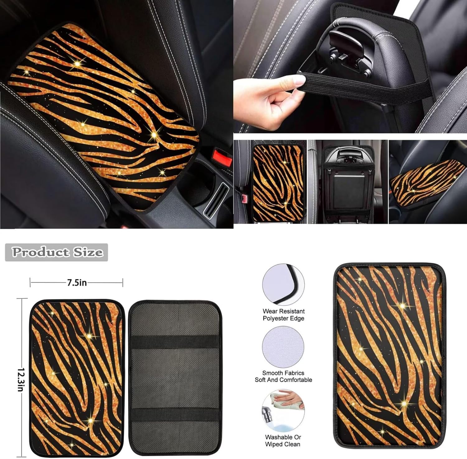 Dreaweet Glitter Tiger Skin Stripes Car Seat Covers Set for Women,Car Steering Wheel Cover and Seatbelt Cover,Armrest Pad,Cup Holders,Handbrake Cover with Gear Shift Knob Cover