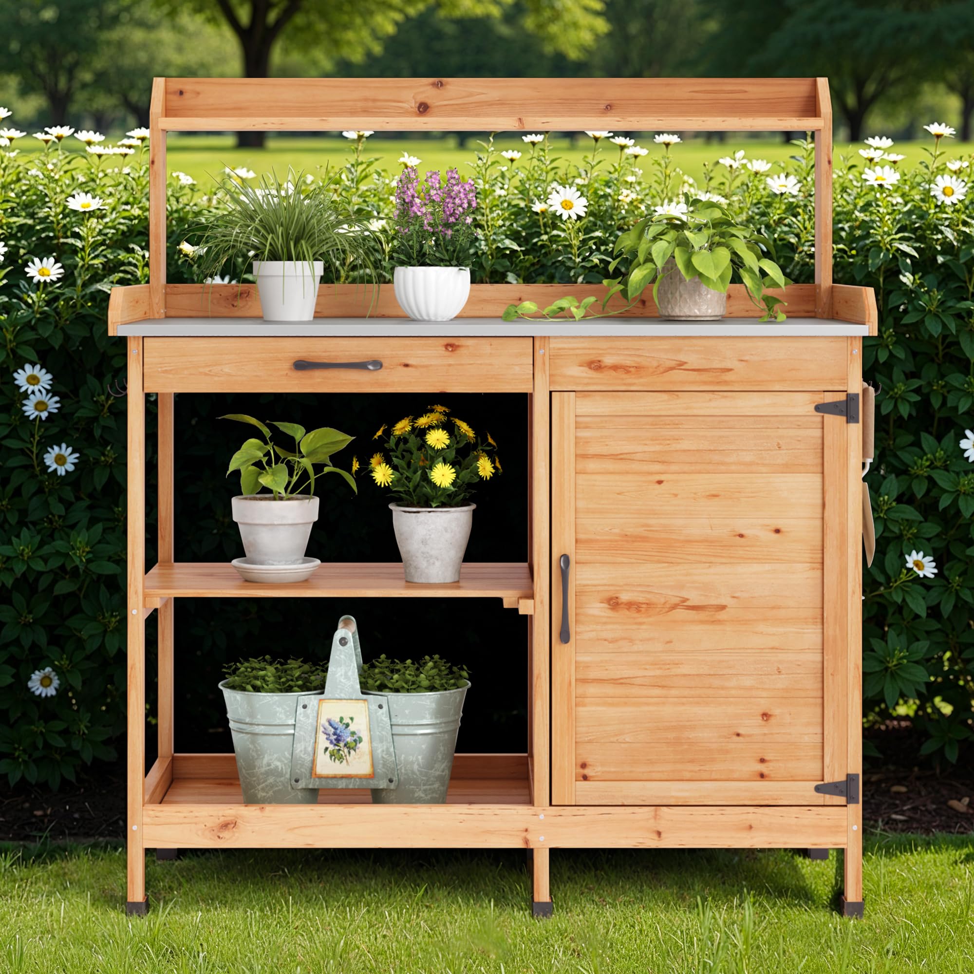 Blishom Table de Jardinage, Table de Plantation avec Tiroirs et Meuble Bas, Table de Travail de Jardin en Bois avec Plan de Travail Galvanisé, pour Jardin, Balcon, Terrasse, 112x46x125 cm, Naturel - 2