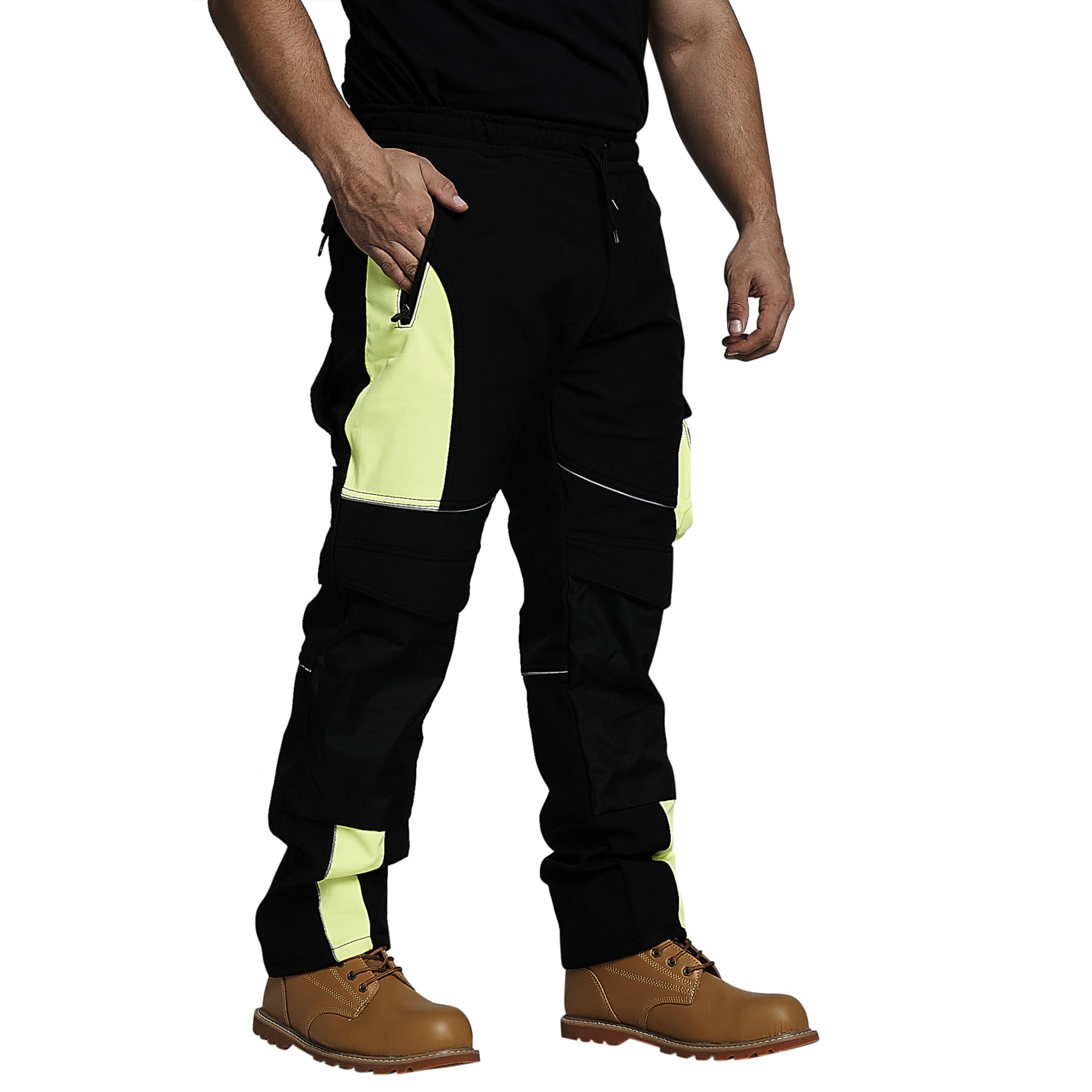 Sam Caan® Hi Vis Mens Work Trousers Softshell Men High Visibility Viz Water Resistant Cargo Rain Proof Repellent Windproof Safety Site Work Wear Builder Pants Soft Shell Workwear Warm