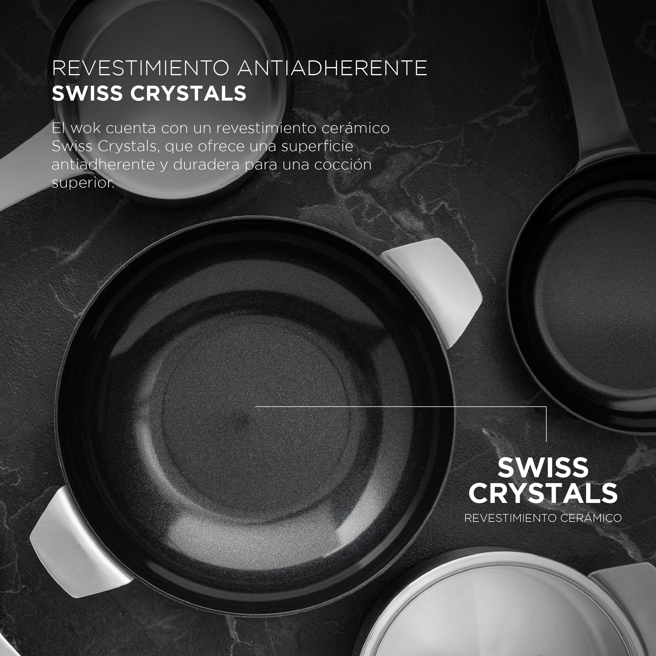 MasterPro SIGMA - Wok Sin Tapa 28 cm 9.23L Acero Inoxidable - Revestimiento Cerámico Swiss Crystals - Mango Largo - Apta para Todas Cocinas - Lavado a Mano Recomendado