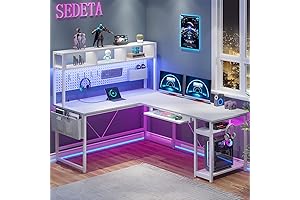 SEDETA White L-Shaped Gaming Desk with Storage and Amenities
