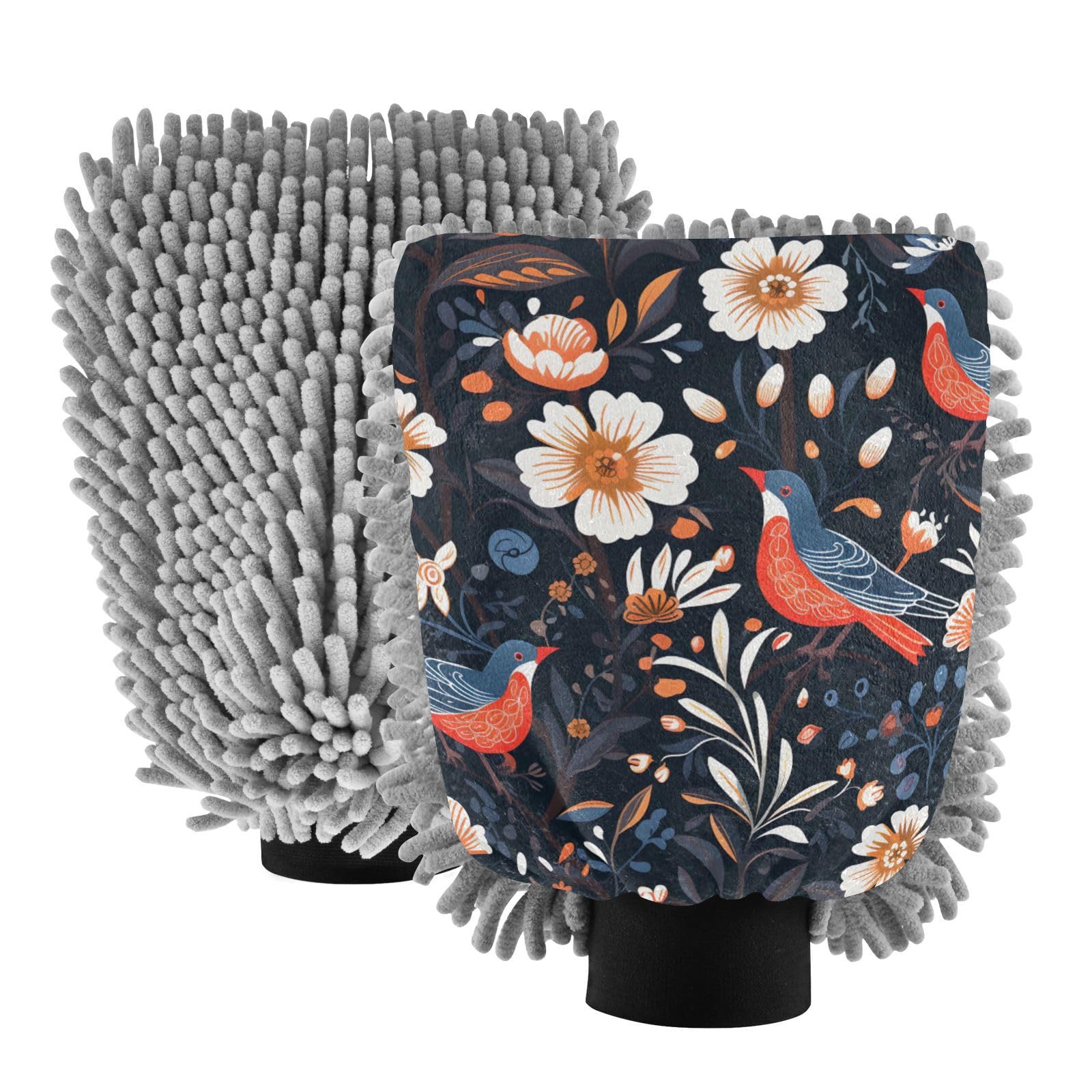 IOACIY Absorbent Microfiber Car Wash Drying Mitts, 2 Pack, Scratch-Free & Lint-Free, Rich Foam, Highly Absorbent, Double Sided, Wash Mitt Perfect for Car Washing, M, Chinese Painting Bird (7)