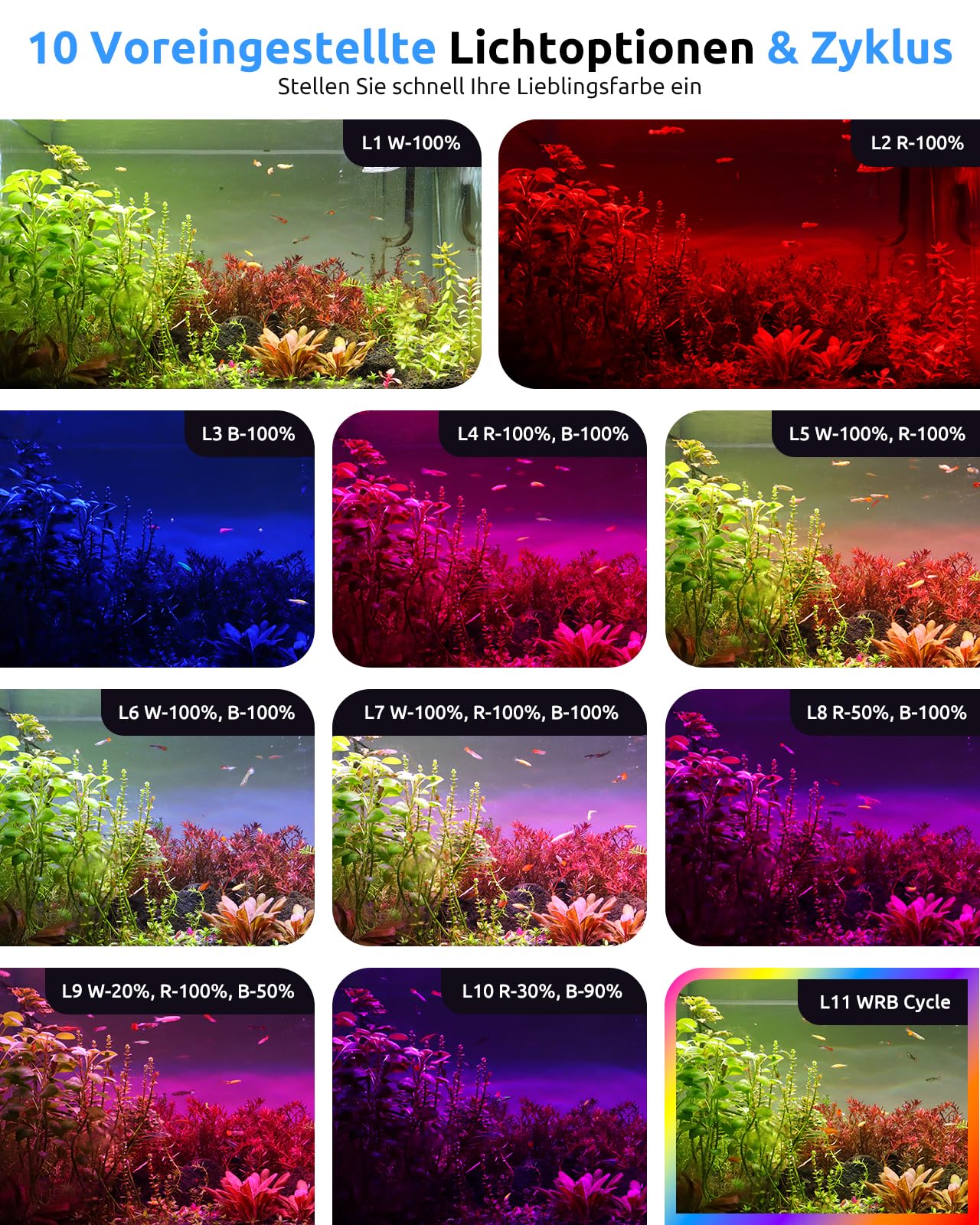 SEAOURA LED Aquarium Lampe für 30-45cm Süßwasseraquarium, Vollspektrum Pflanzenlicht, 6H/8H/12H Timer, WRB 3 Kanäle individuell, 10 Helligkeitsstufen & 11 Farben, verstellbarer Halter