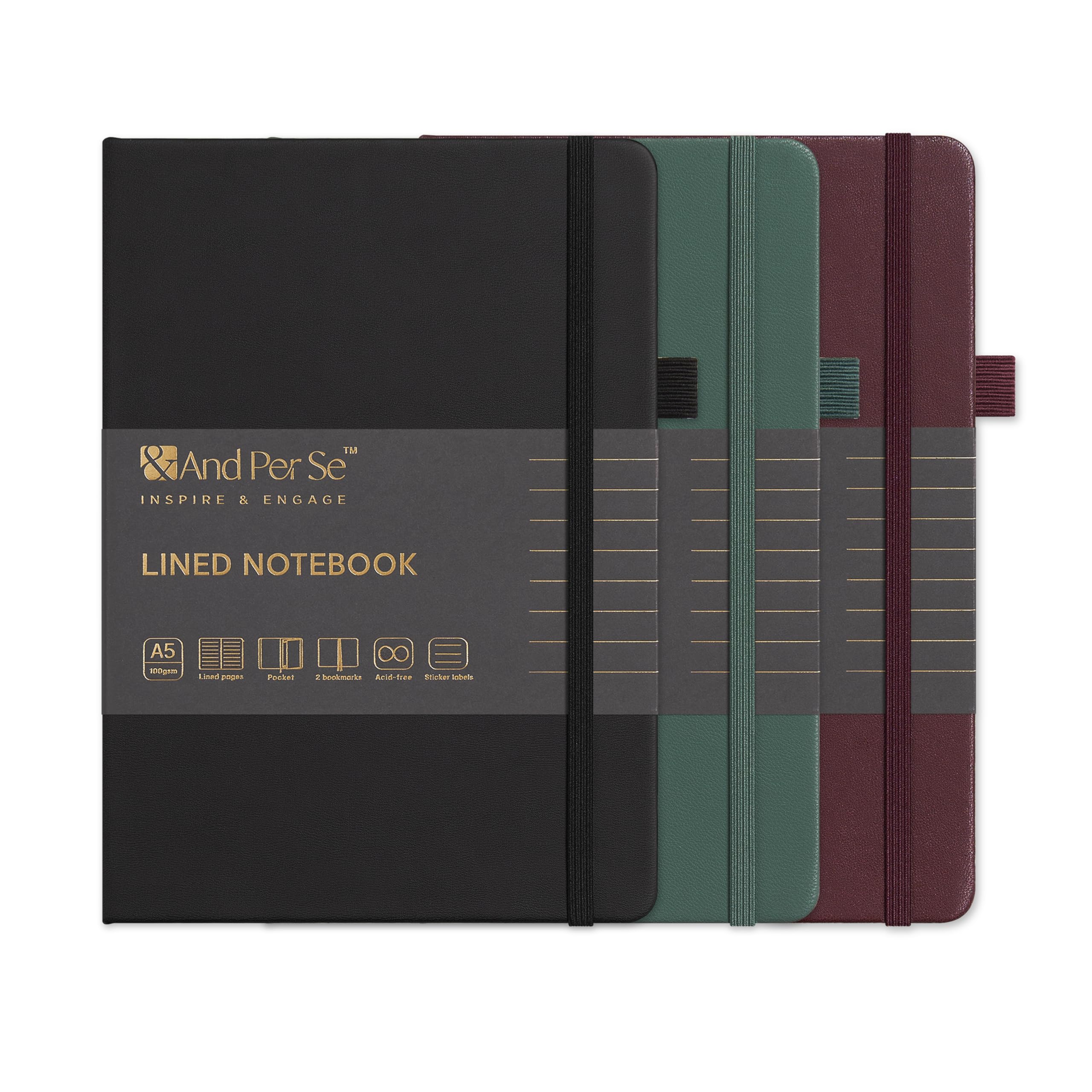 &And Per Se Lined Notebooks 3-Pack Gift Set, A5 Hardcover Journals, 160 Pages 100gsm Thick Paper, 3 Assorted Colors (Black, Green, Dark Red) — image 1