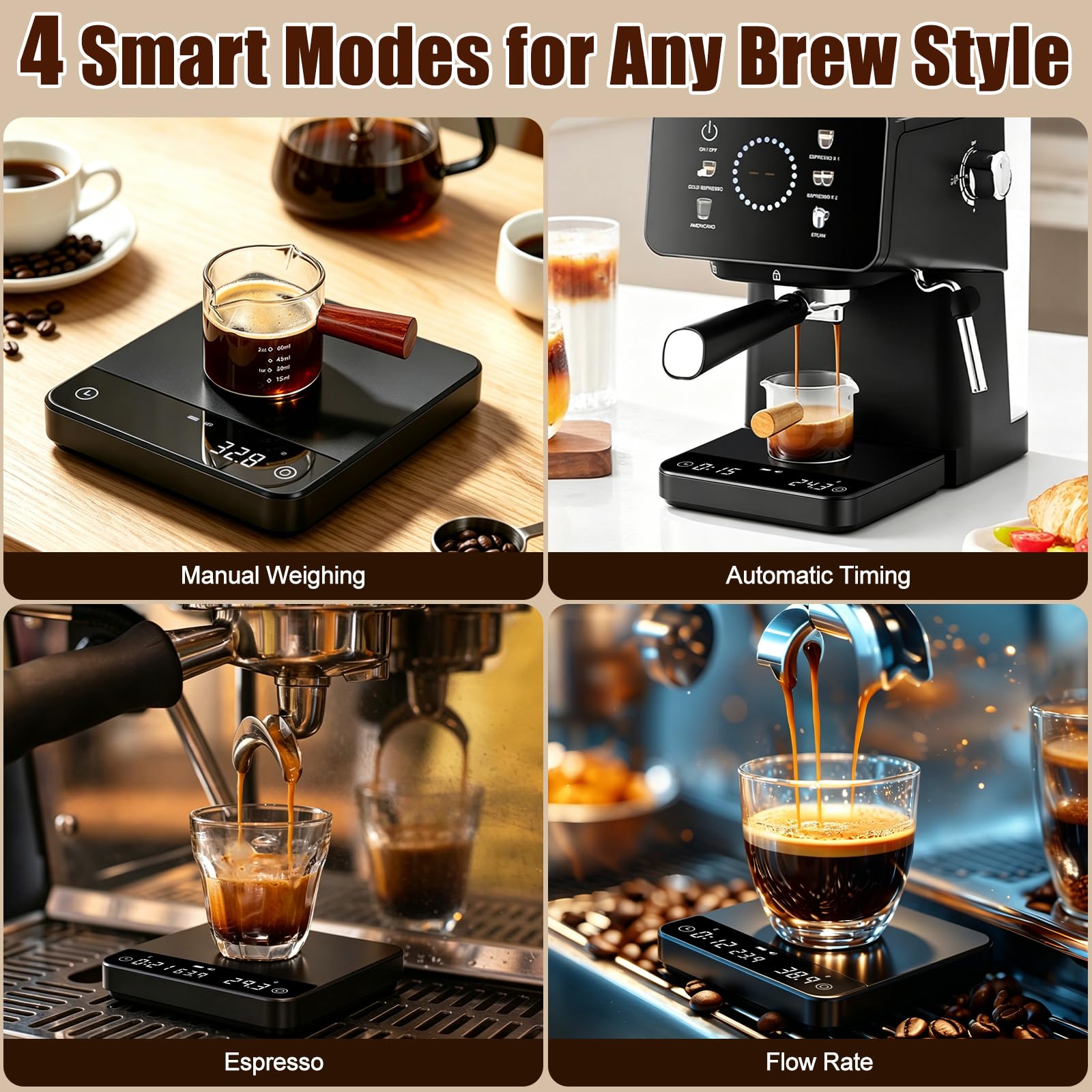 OBEST Balance Numérique à Café avec Minuterie,Précision 0.1g/2kg,4 Modes d'Infusion,Rapport d'Infusion Personnalisable,Tarage Automatique,Balance de Café Numérique pour Verser, Expresso, Presse