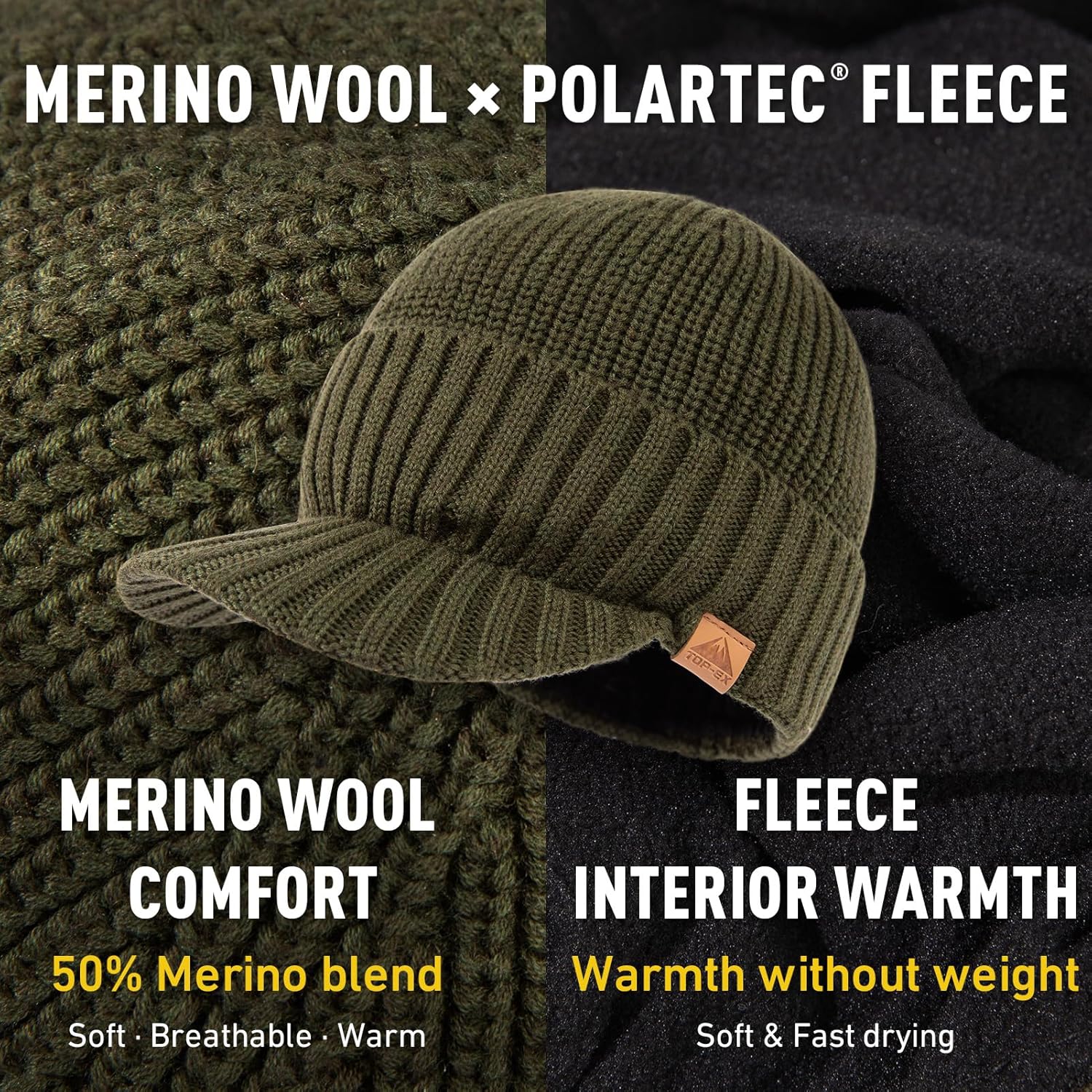 TOP-EX DryKnit™ 50% Merino Wool Waterproof Winter Beanie Hat with Brim Fleece Lined Knit Cap for Cold Weather & Large Head - Image 3