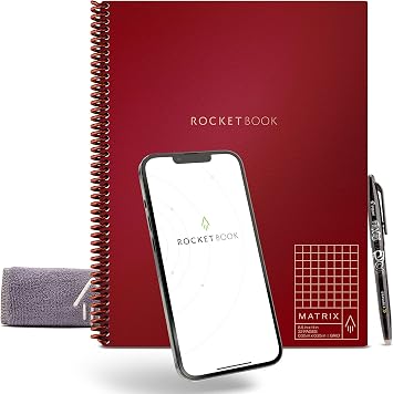 دفتر ملاحظات ورقي ذكي قابل لإعادة الاستخدام من Rocketbook Matrix، متصل رقميًا، دفتر ملاحظات متساوي القياس، حجم الحرف 8.5x11، قرمزي