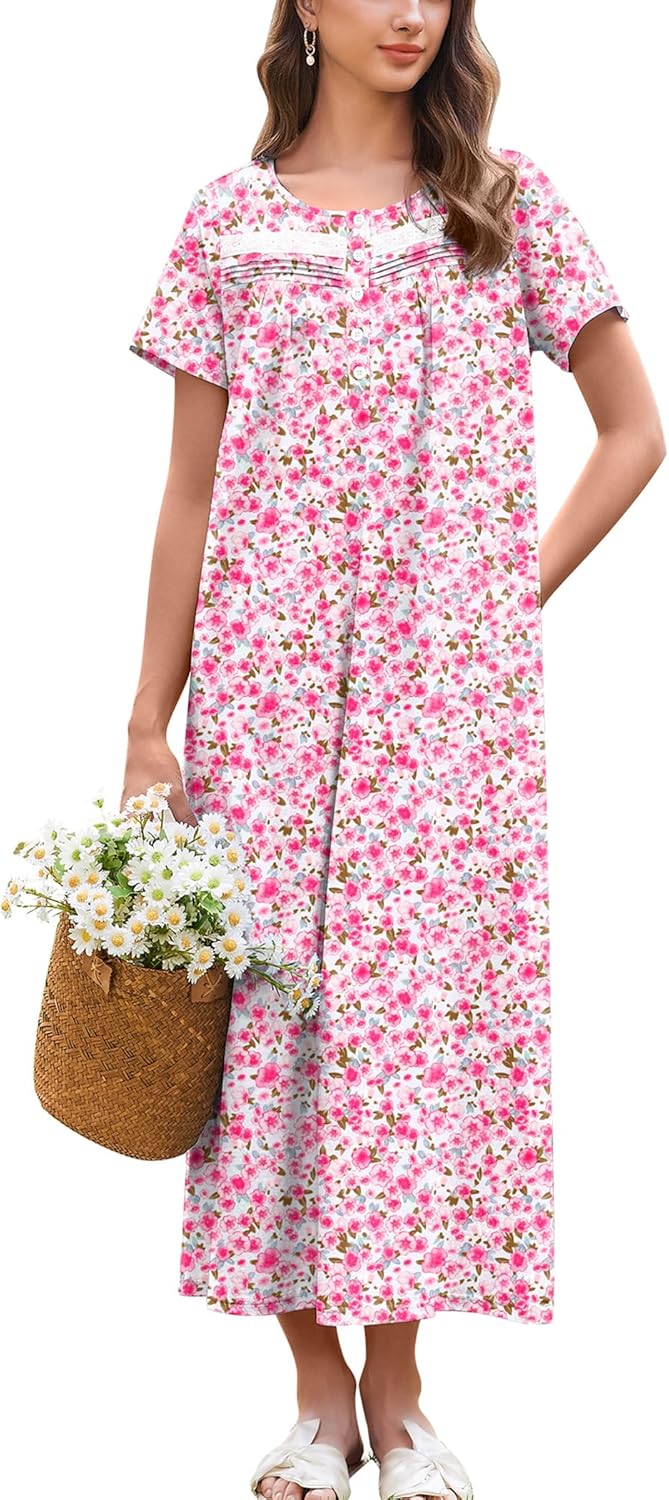 Ekouaer Nightgown for Women Cotton Long Night Gown Short Sleeve Nightdress with Pockets Button Sleepshirt Soft Sleepwear