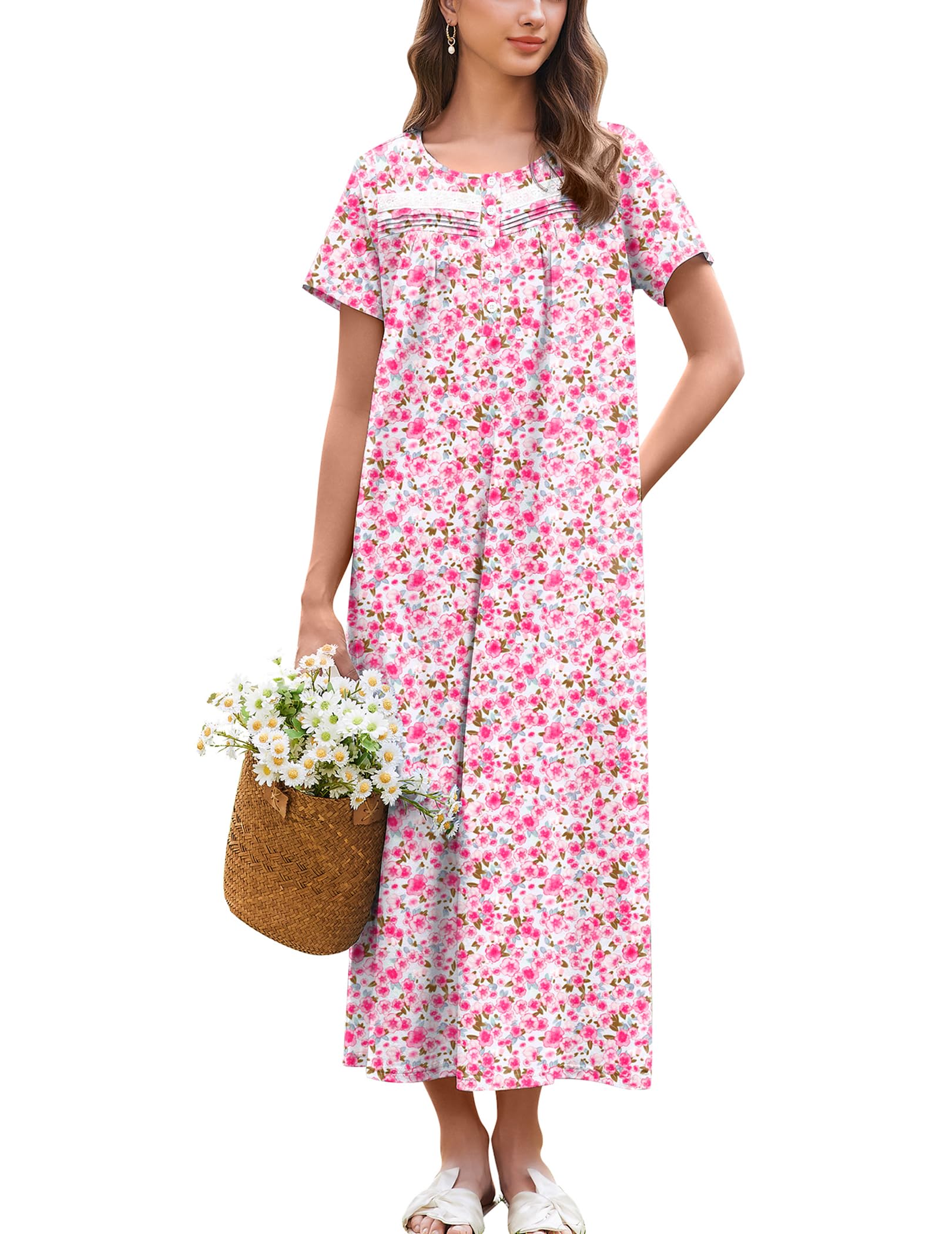 Ekouaer Nightgown for Women Cotton Long Night Gown Short Sleeve Nightdress with Pockets Button Sleepshirt Soft Sleepwear