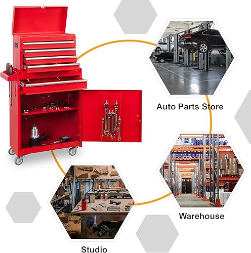 Miniatura 7 de BIG RED ATBT3426R-RED - Caja de herramientas con ruedas y 5 cajones, gabinete de almacenamiento de herramientas extraíble de metal para garaje y