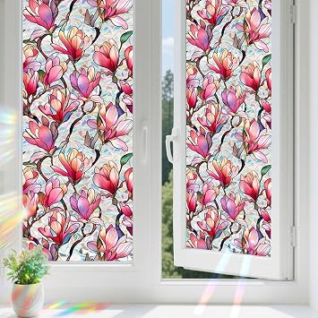 2-Pack Pink Flower Privacy Window Film, Stained Glass Static Cling Window Film, UV Blocking Removable, Renter-Friendly, for Bathroom & Kitchen, 2 Rolls of 17" x 78.7"