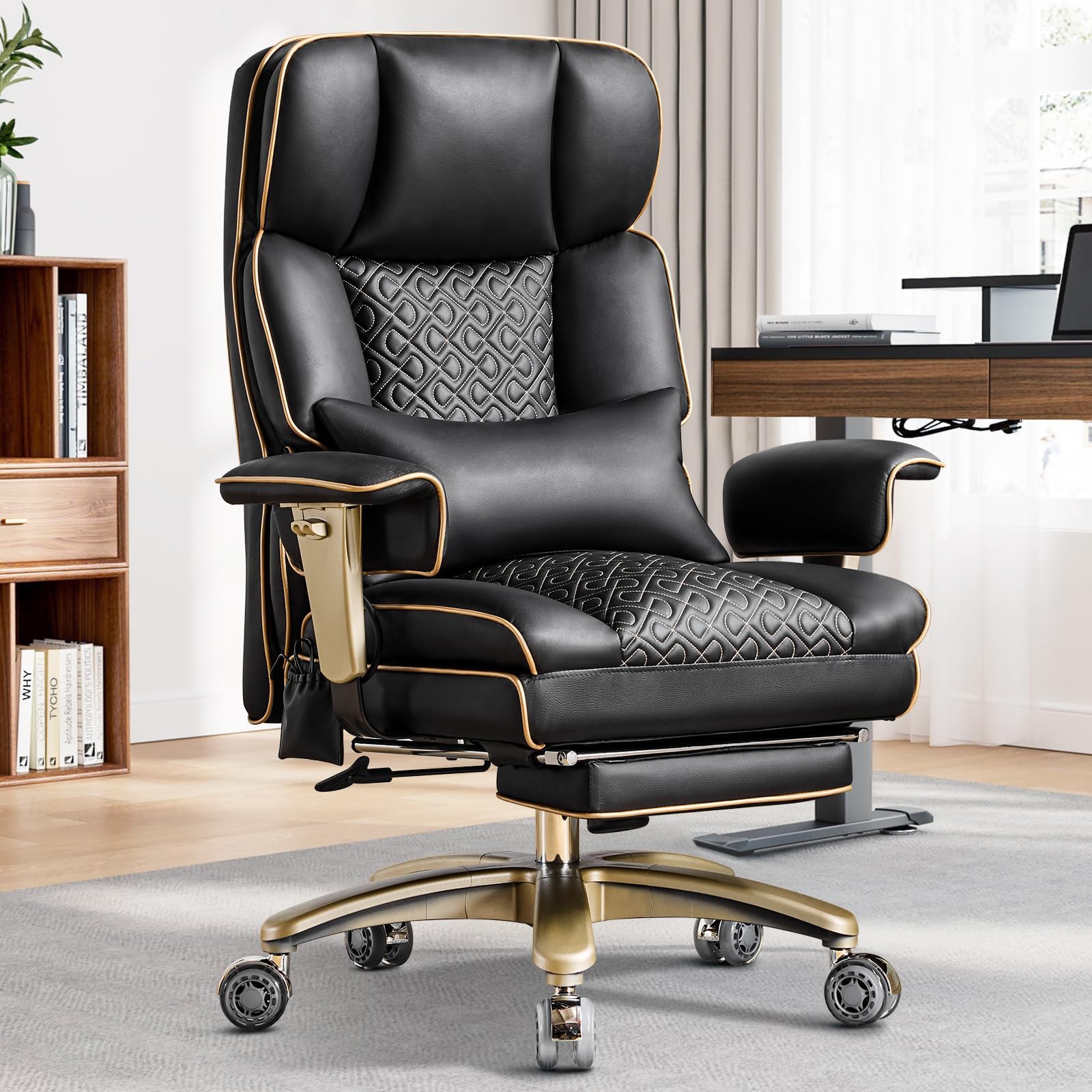 Hellove Ergonomischer Bürostuhl bis 230kg, Chefsessel mit Fußstütze & Lordosenstütze, Großer Schreibtischstuhl für Übergewichtige, Luxus Executivesessel Kunstleder für Homeoffice, Schwarz