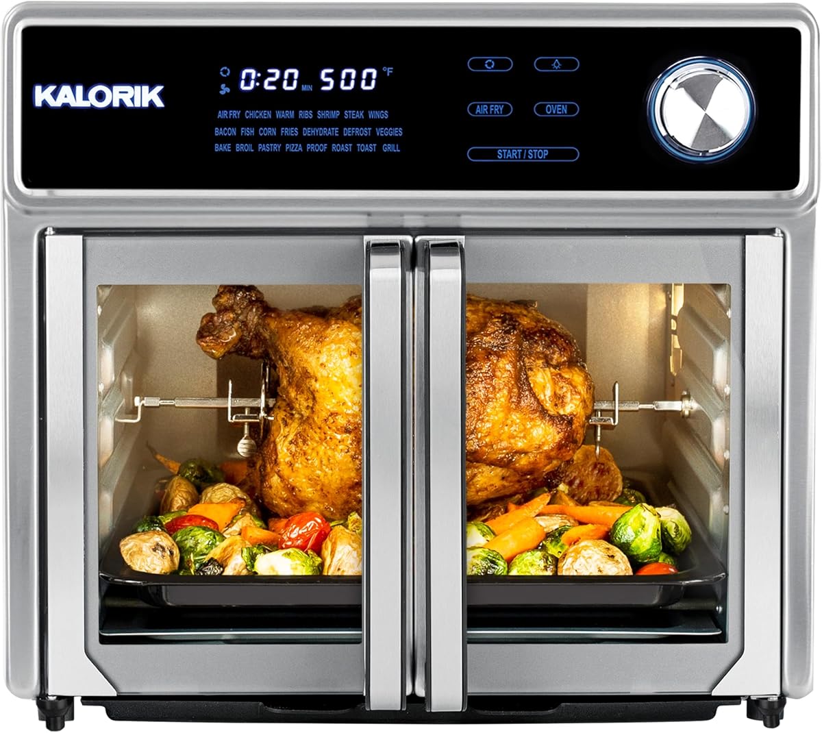 Kalorik Air Fryer Oven Grill MAXX Series 26-Quart with Smokeless Sear Technology Digital Controls Easy-View Door and 22 Smart Cooking Presets, Includes Cooking Accessories, 1700-Watts, Stainless Steel