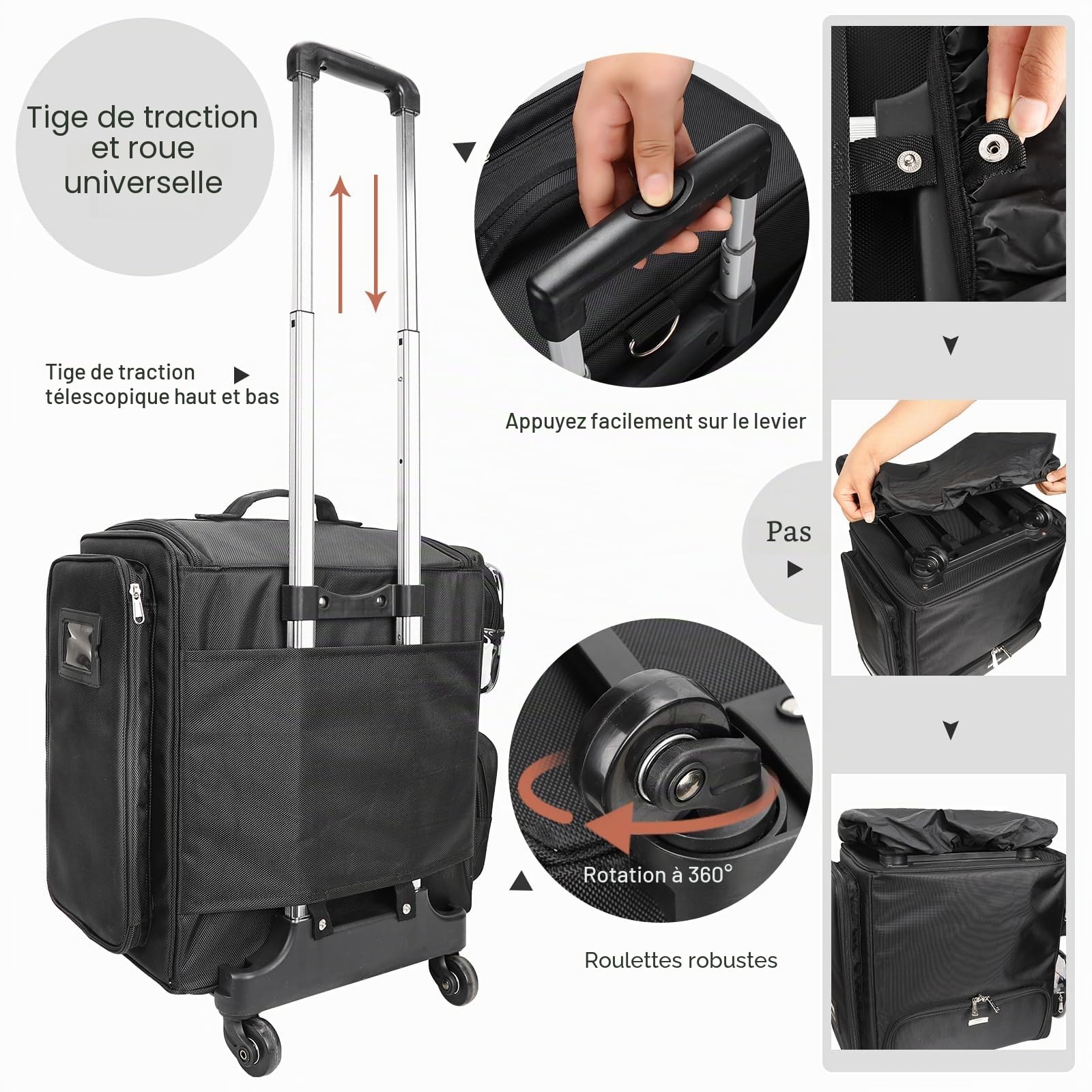 Valise cosmétique roulante, sac de voyage pour coiffeur avec 4 roues, isolation thermique, séparateurs réglables, outils pour cheveux et cosmétiques - Organisateur de rangement à roulettes, Noir ,