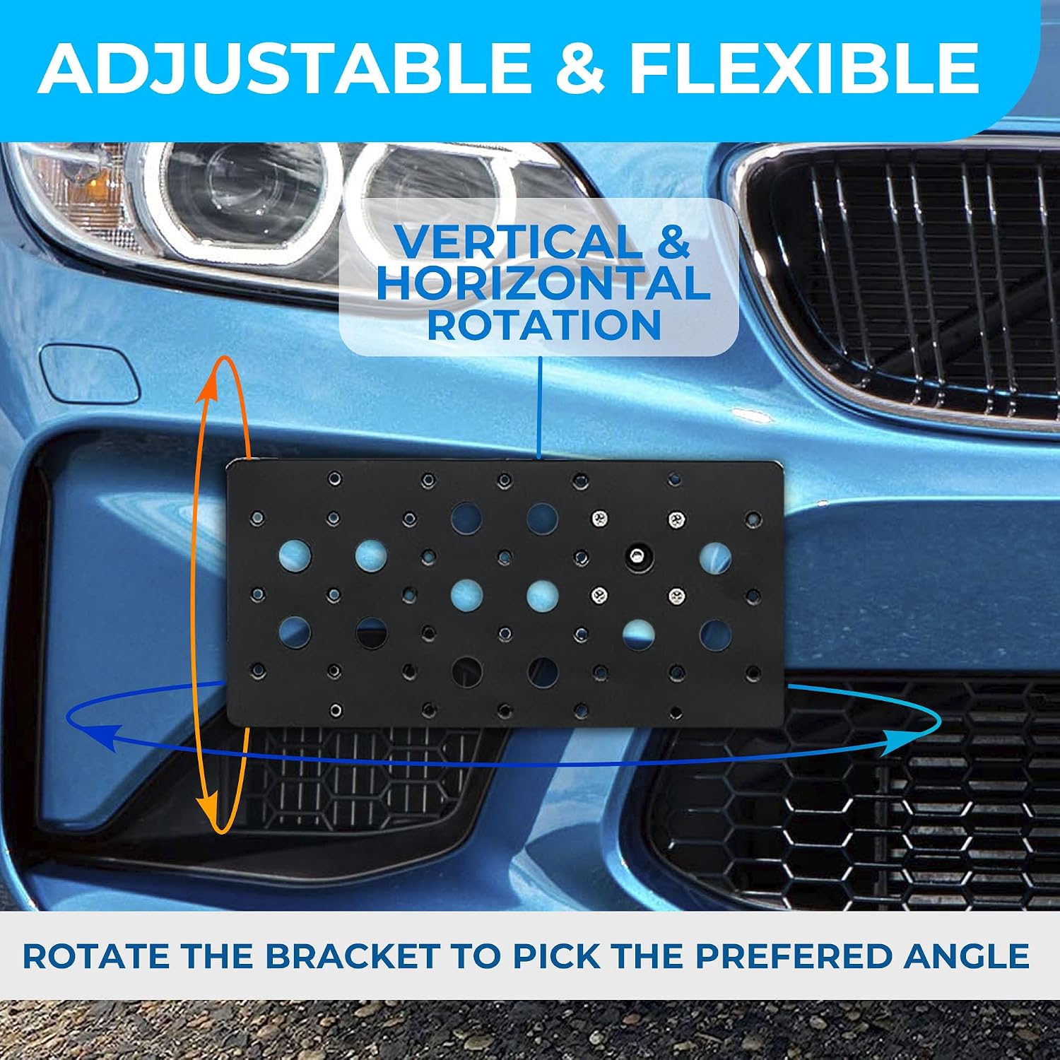 Front Bumper Tow Hook License Plate Mount Bracket for BMW, Plate Holder Set w Unique Screw Bolts & Black Screw Caps, License Tag Mounting Kit, Quality Plate Holders, Premium Car Accessories