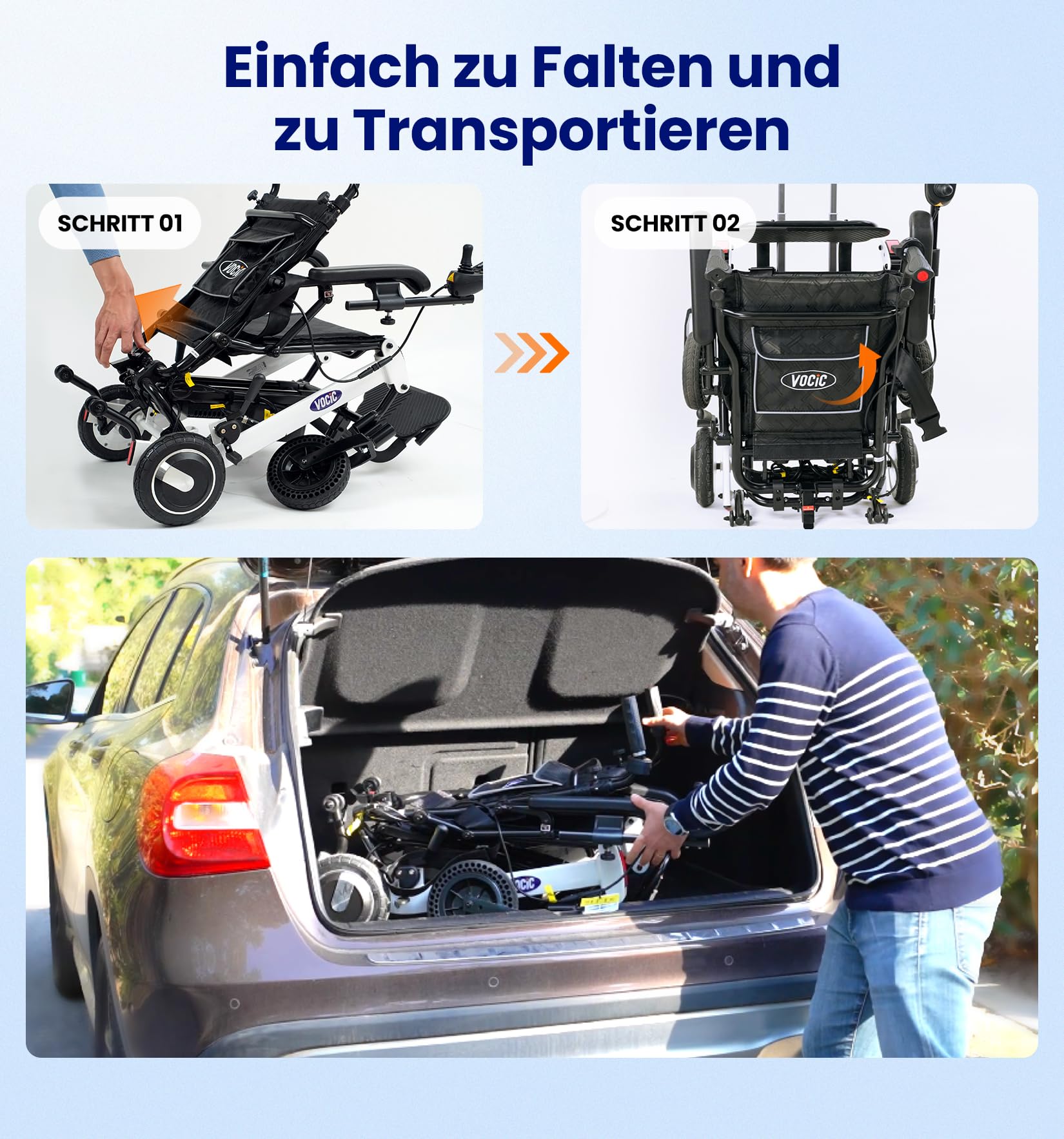 VOCIC Sedia a rotelle elettrica pieghevole leggera con controllo posteriore | Carrozzina elettrica fino a 136 kg, per tutti i terreni, 500W Electric wheelchair con Bluetooth, approvazione aereo