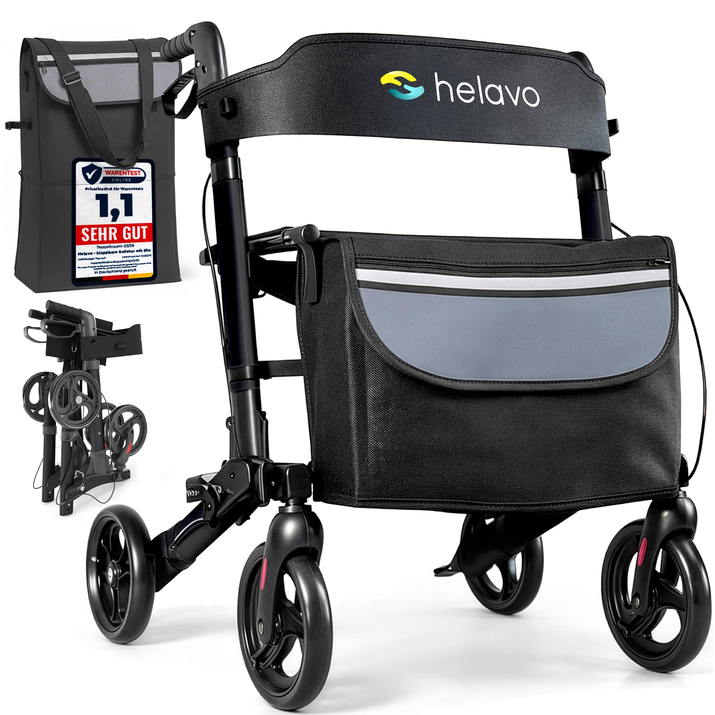 Helavo faltbarer Rollator mit Sitz - Leicht & Kompakt für Drinnen & Draußen | Kompakt zusammenklappbarer Aluminium-Rollator mit Transporttasche - Nur 8,3 kg leicht - Höhenverstellbare Griffe