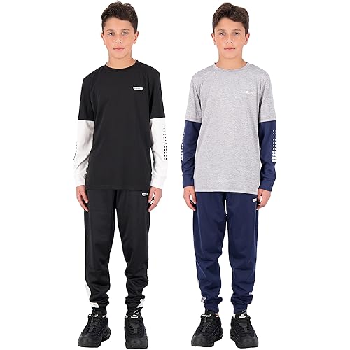 Hind Boys 4-Piece Active Long Sleeve Quick Dry T-Shirt and Athletic Jogger Sweatpant Set Kids Clothes for Sports and Running
