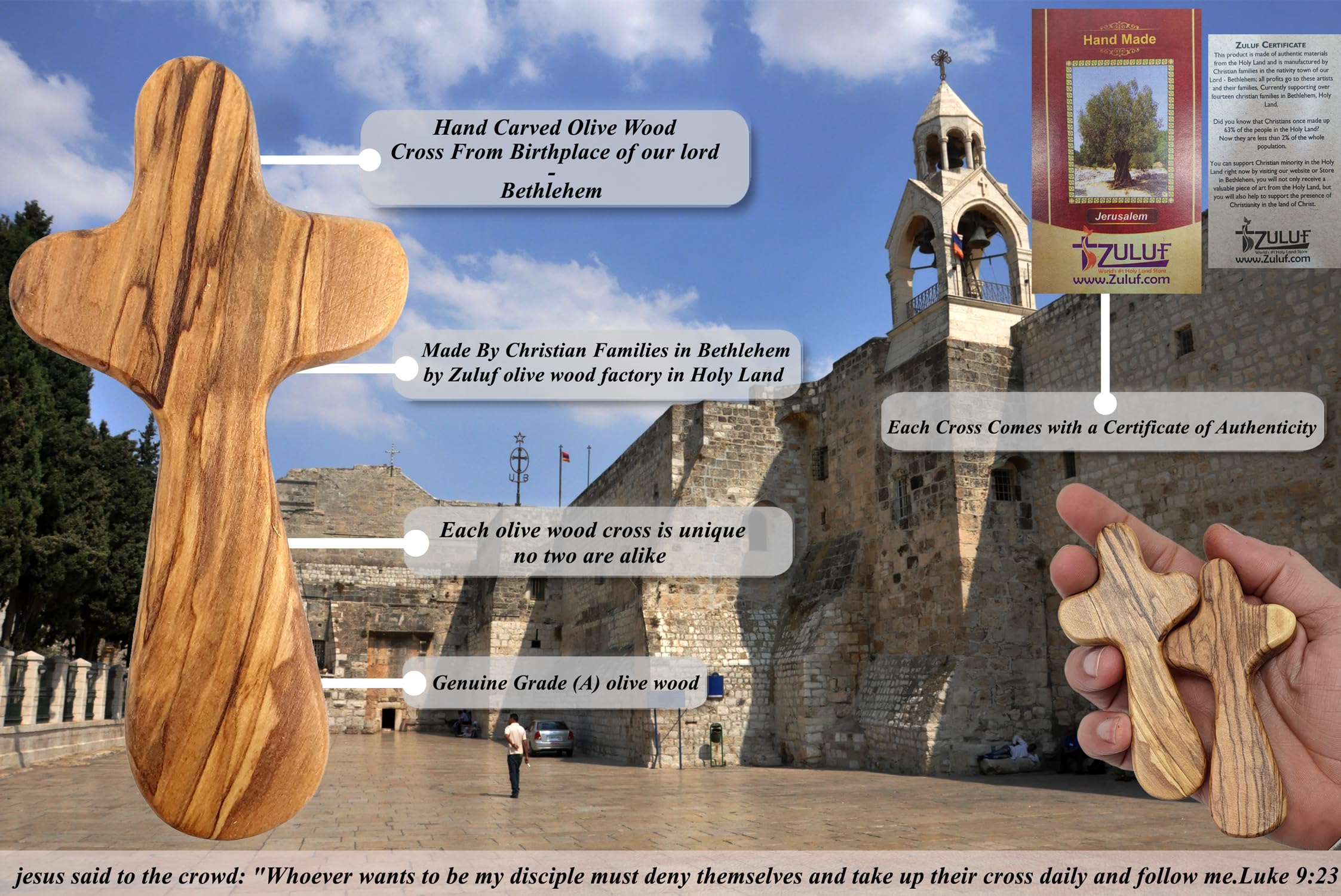 Zuluf 2 Medium Hand Crosses Olive Wood Christian Gifts with Certificates with Two Holy Land Certificates - Caring/Holding Healing Holy Land Crosses - 9.5cm / 3.7 Inches Each Cross - CRS107Z