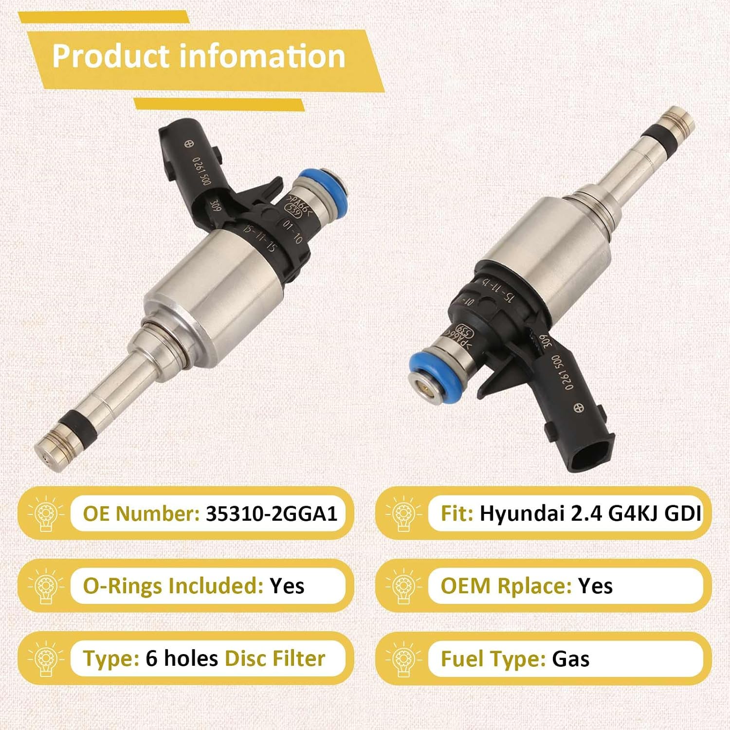 G4KJ 2.4L GDI High-pressure Fuel Injectors,Compatible with/Kia 2016-2020 Optima Sorento Sportage,Compatible with/Hyundai 2.4 Santa Fe Tucson |6 Holes| |Set of 4| |#35310-2GGA1|