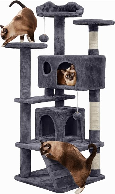Yaheetech Tour des arbres de chat, 139cm H Maison d'escalade Cat avec 3 Haut Perches/postes d'échafaudage, 2 Condos/Balons, Échelle, Centre d'activités pour animaux domestiques multiniveaux pour les chatons et les chats, Gris foncé