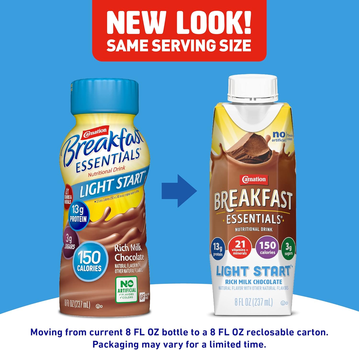 Carnation Breakfast Essentials Light Start Ready-to-Drink, Rich Milk Chocolate, 8 Ounce Bottle (Pack of 24) (Packaging May Vary) : Grocery & Gourmet Food