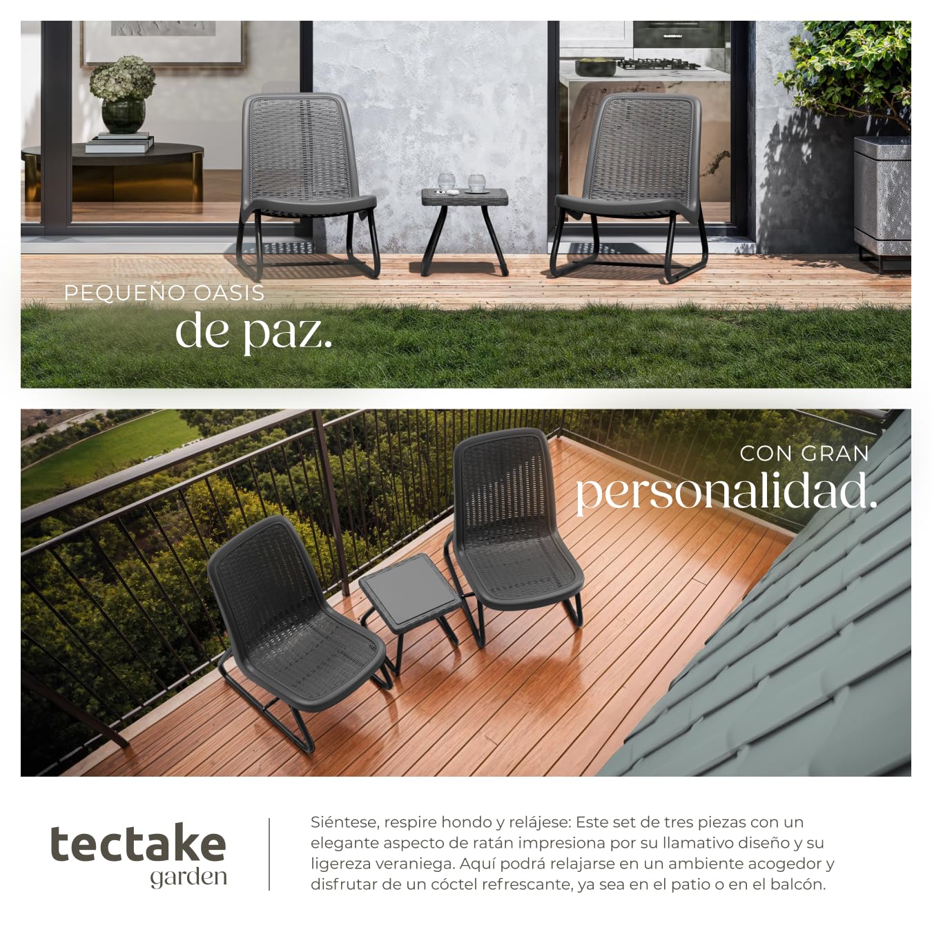 tectake® Conjunto de Sillas de Jardín con Mesa Auxiliar, Ratán, Acero Recubierto, Antideslizante, Mobiliario Jardin, Conjunto Jardin Terraza, Sillones Jardín Exterior, Butacas Jardin - Gris