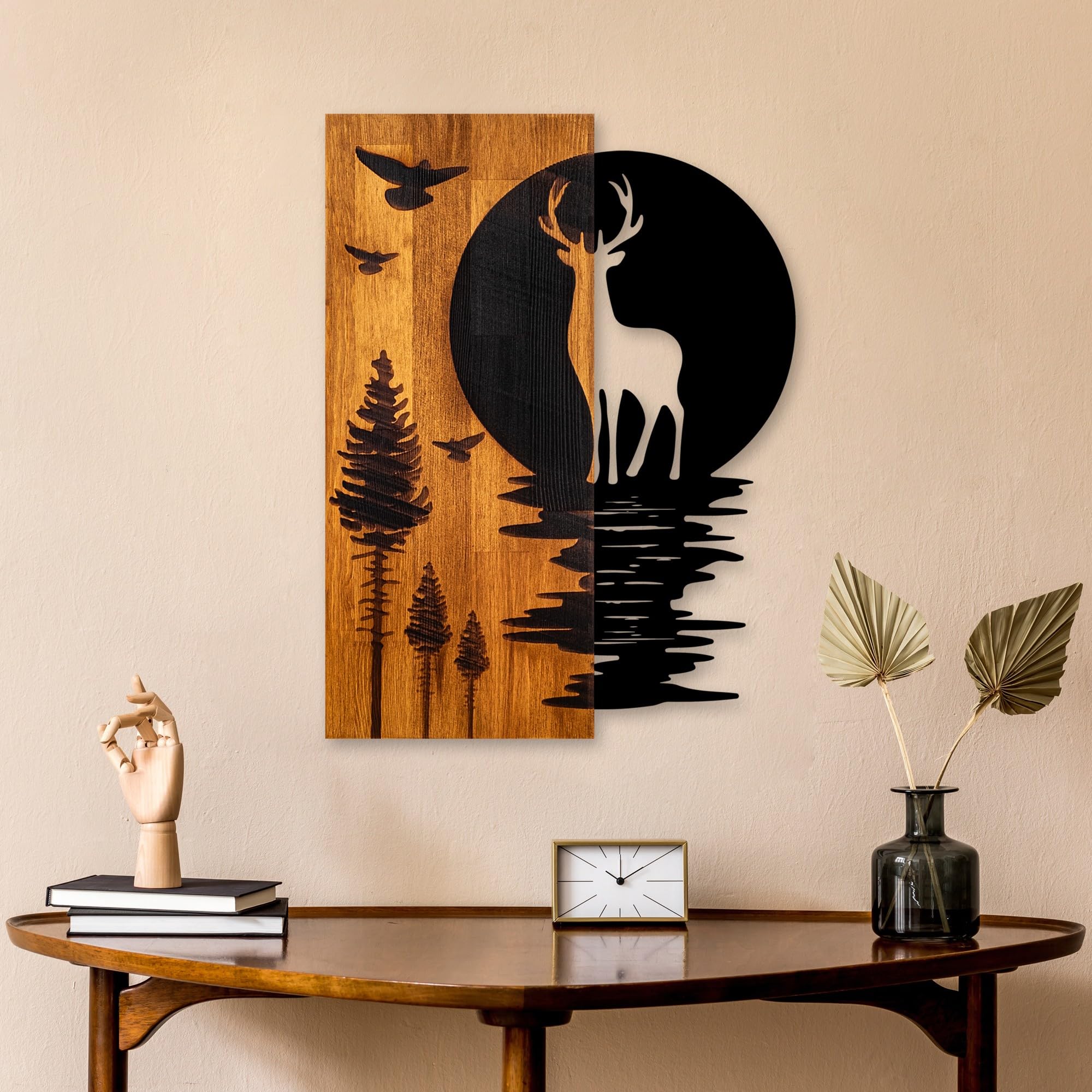 Elegant Decorative Wooden Wall Accessory, Walnut & Black, 43 x 58 x 3 cm, 100% Wood (3 cm) & Metal (1.5 mm), Unique Design for Stylish Home Decor
