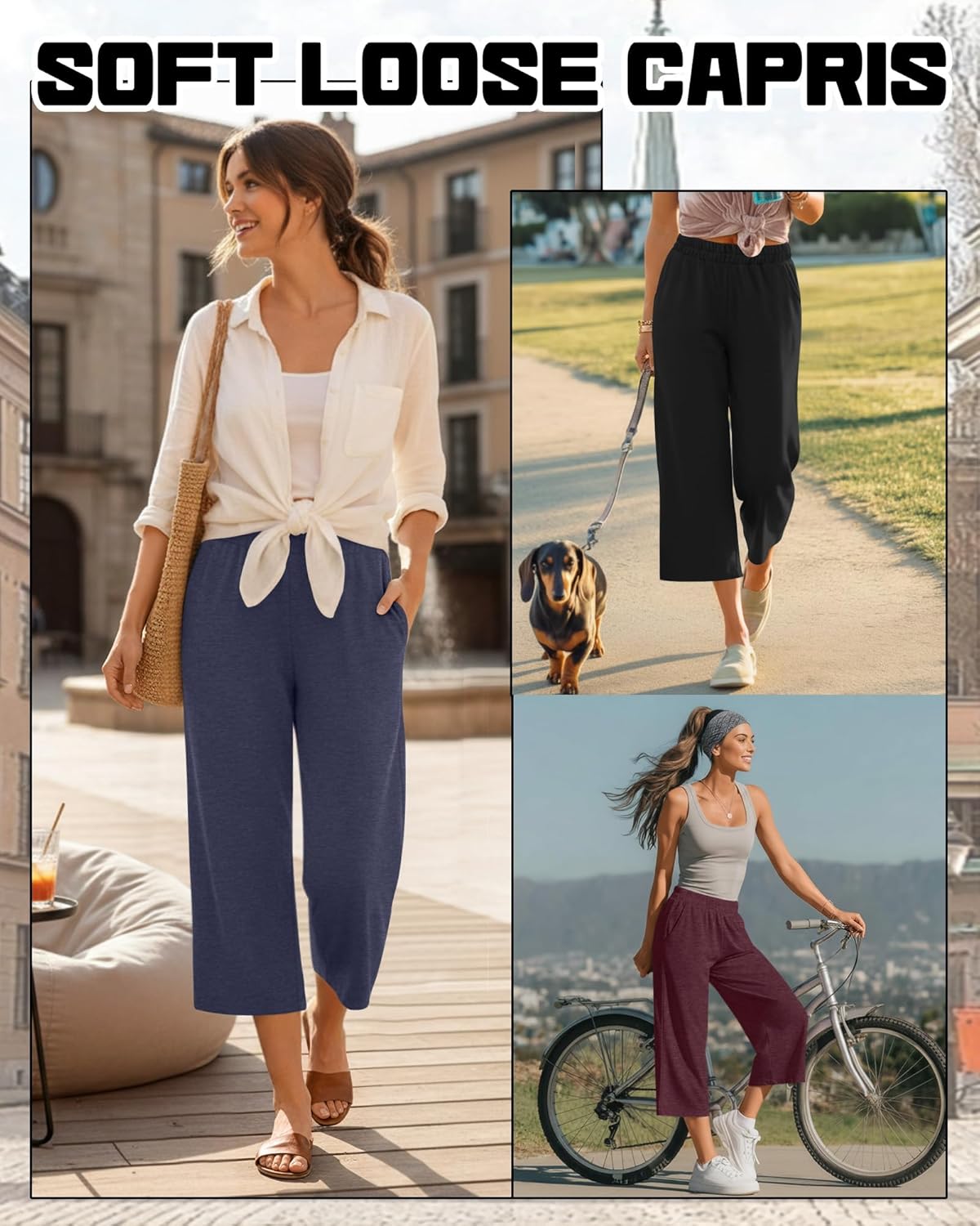 3 Pack Women's Wide Leg Capris Loose Cropped Yoga Pants Elastic Soft Sweatpants Capri Trousers with Pockets - Image 3