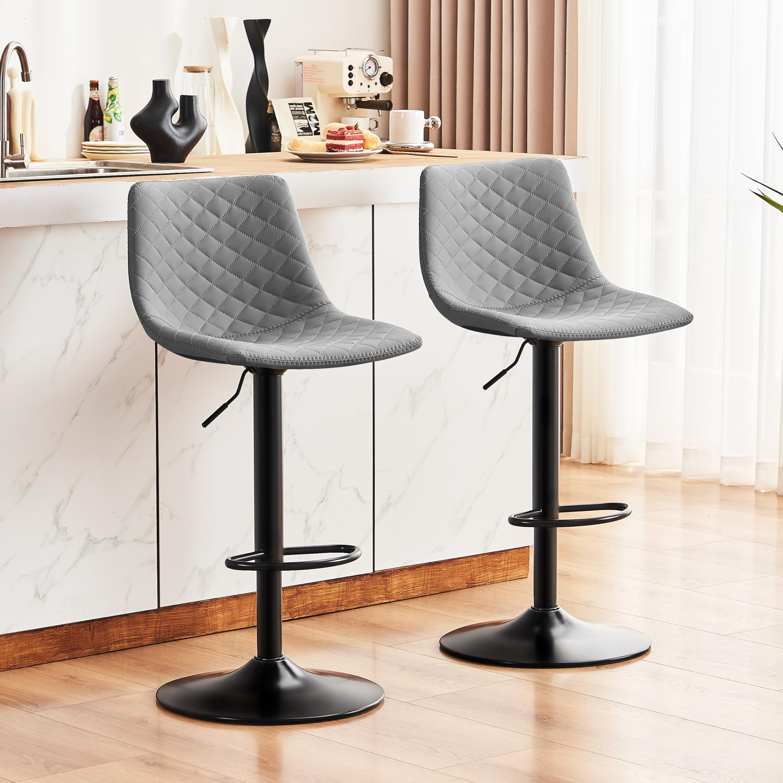 STOOLINK Chaise de Bar Lot de 2 Tabouret Bar avec Cuir Microfibre, Siège Bar Réglable pour Cuisine Chaises Bar avec Repose-Pieds pour 150kg, Convient pour Salle à Manger, Bar-Gris