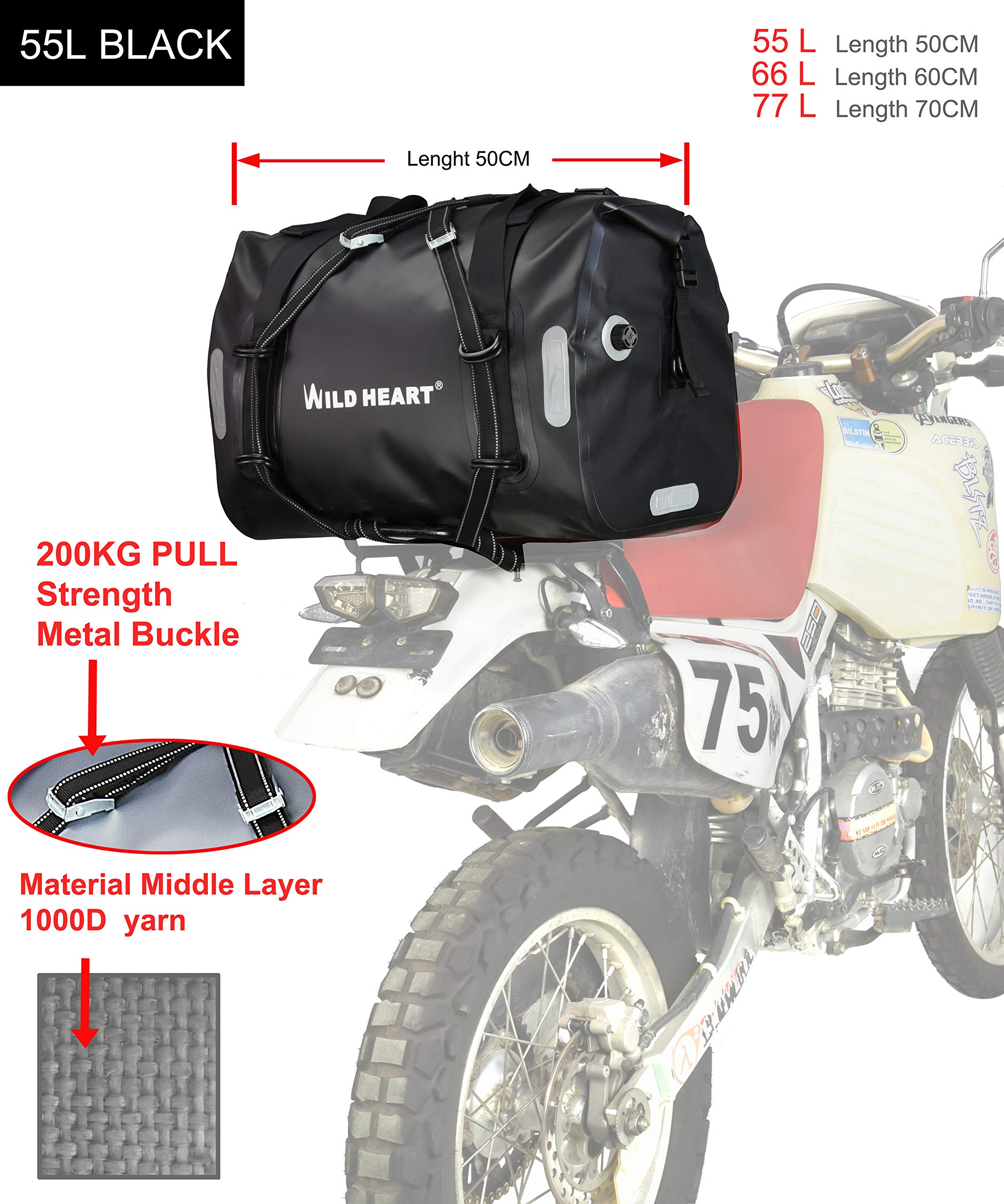 WILD HEART Eac étanche 55L 66L 77L Sac Polochon Sec Moto pour Voyage, Moto, Cyclisme, Randonnée, Camping（55L