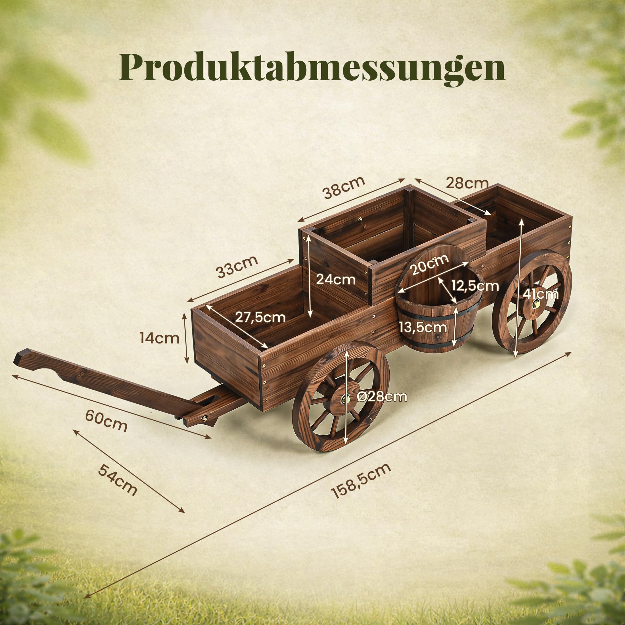 Pamapic Blumenwagen für Garten, Blumenkasten im Wagenstil mit Griff & Rädern, Pflanzkübel Holz für Gemüse, Blumen, Kräuter, Terrasse, Balkon, Innenbereich, Bollerwagen Holz, 158,5x54x41cm, Braun
