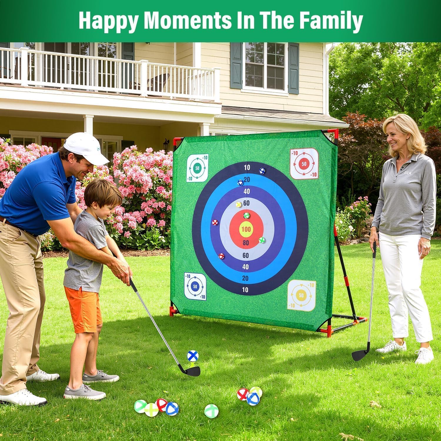 Total 53 pack 4-in-1 Golf Chipping Game Set with Stand,Battle Golf Game, 54X54 in Golf Target Mat with 16 Sticky Balls, 8 Bean Bags, 6 Axes, 2 Soccer Balls for Indoor Outdoor Backyard Family Fun