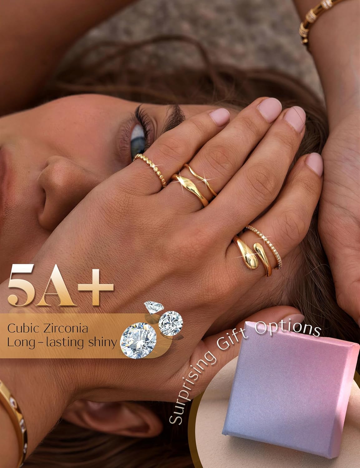 THUNARAZ 14K Gold Plated Rings for Women Non Tarnish Stackable Chunky Rings Cubic Zirconia Thumb Ring Set Dainty Trendy Statement Promise Wedding Bands Engagement Ring for Women Size 6-10 - Image 6